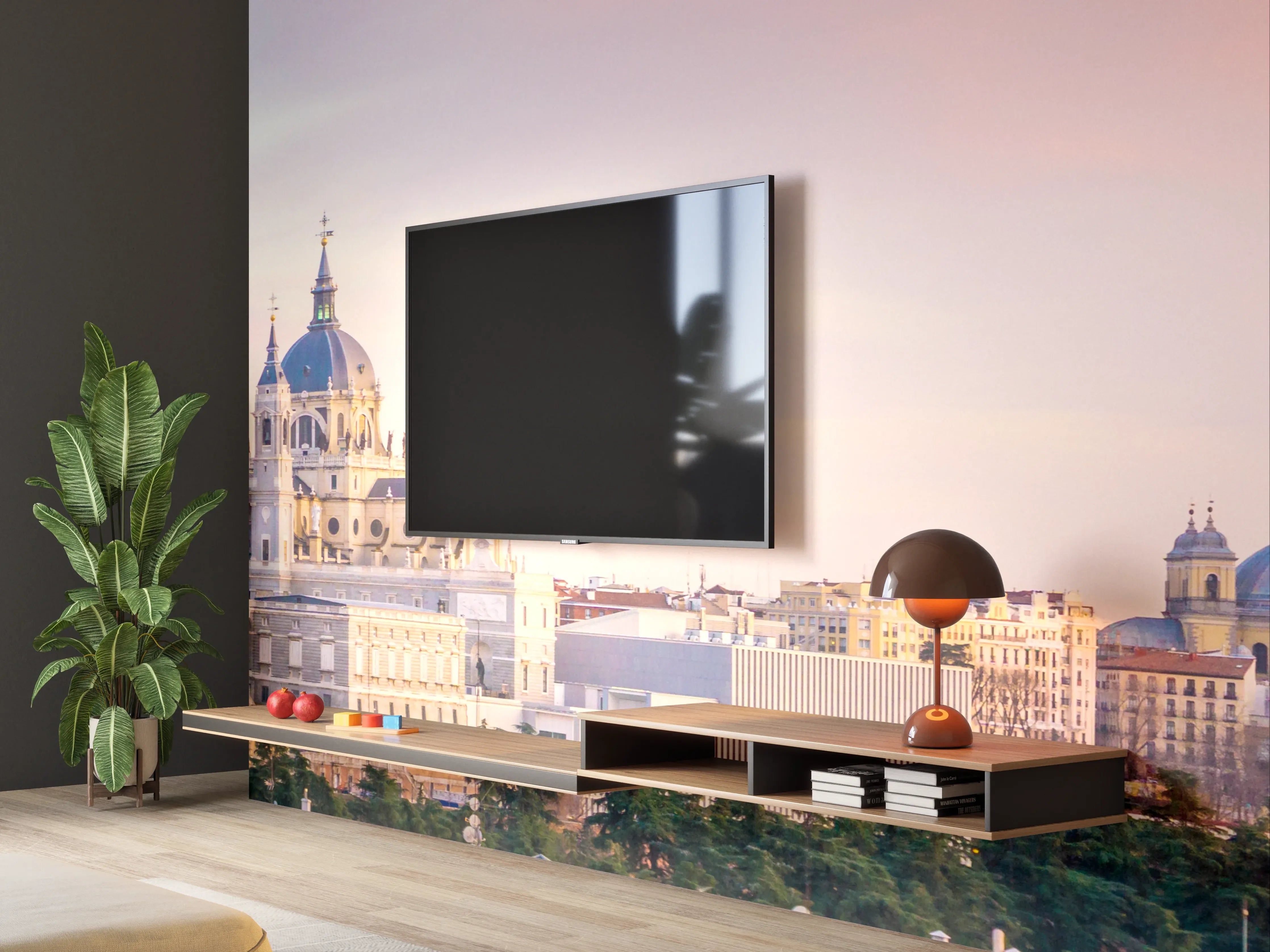 Wandverkleidung Wohnzimmer - Blick auf Madrid bei Sonnenuntergang