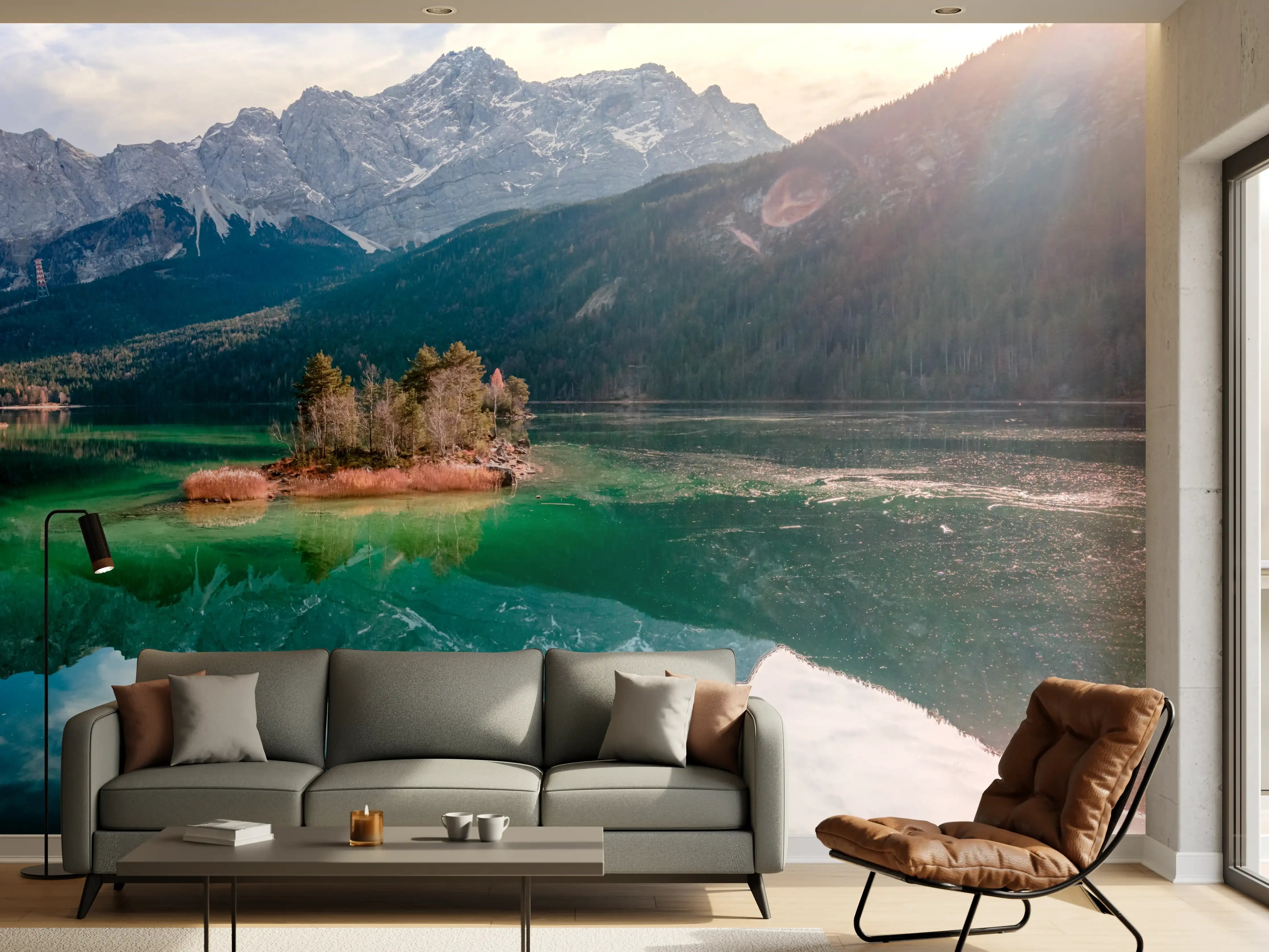 Wandverkleidung Wohnzimmer - Blick auf den Eibsee mit der Zugspitze im Hintergrund
