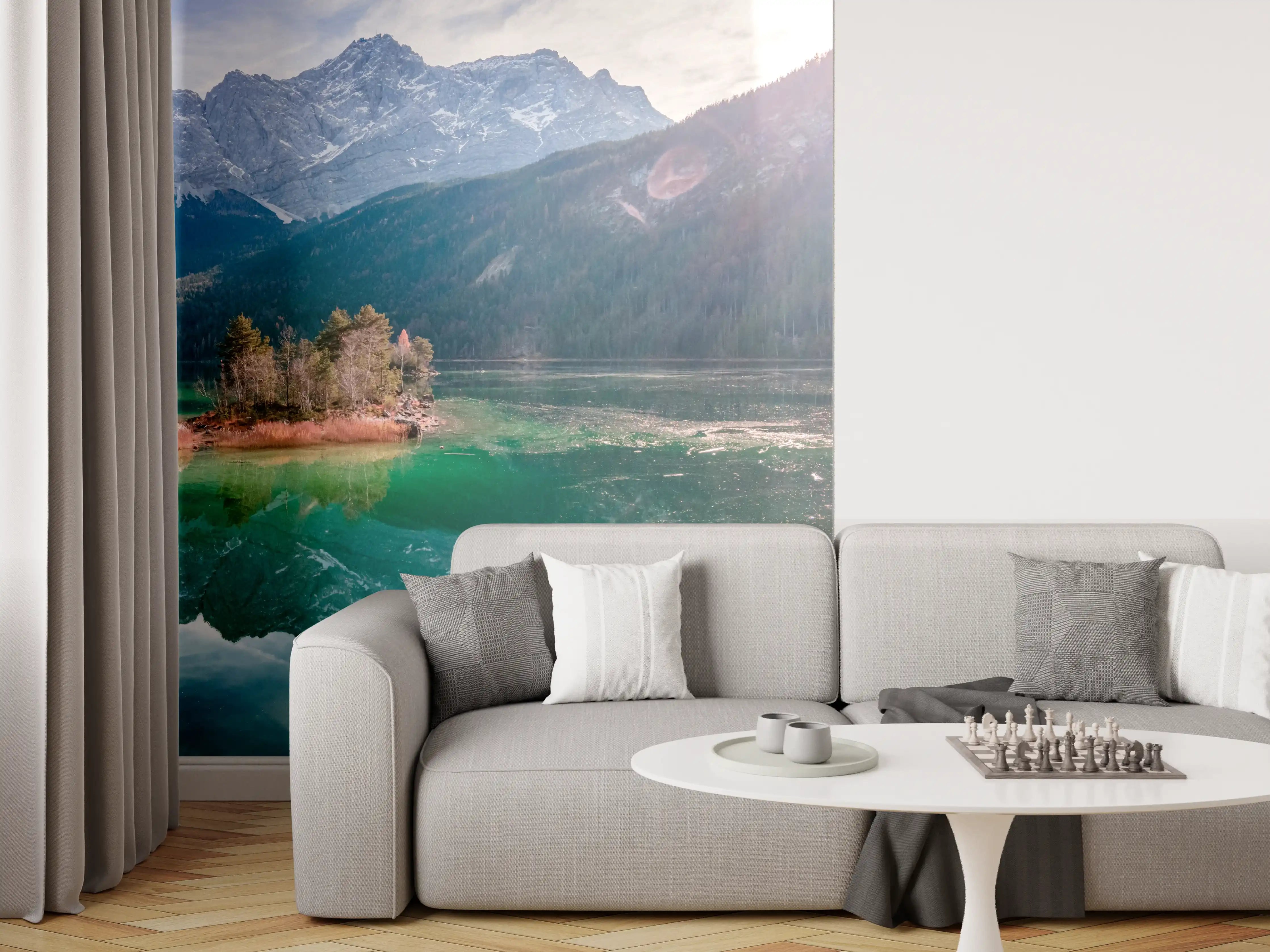 Wandverkleidung Wohnzimmer - Blick auf den Eibsee mit der Zugspitze im Hintergrund