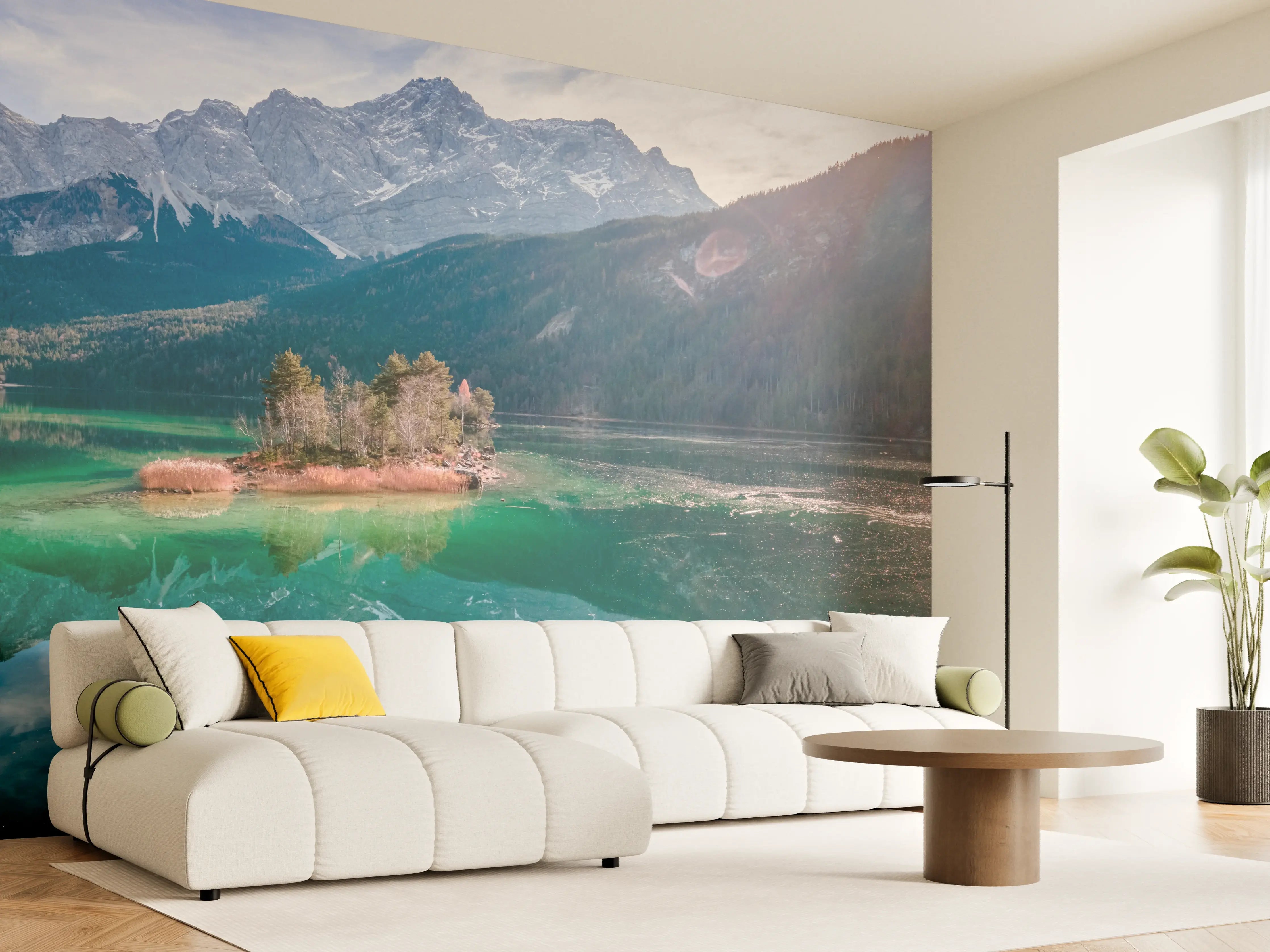 Wandverkleidung Wohnzimmer - Blick auf den Eibsee mit der Zugspitze im Hintergrund