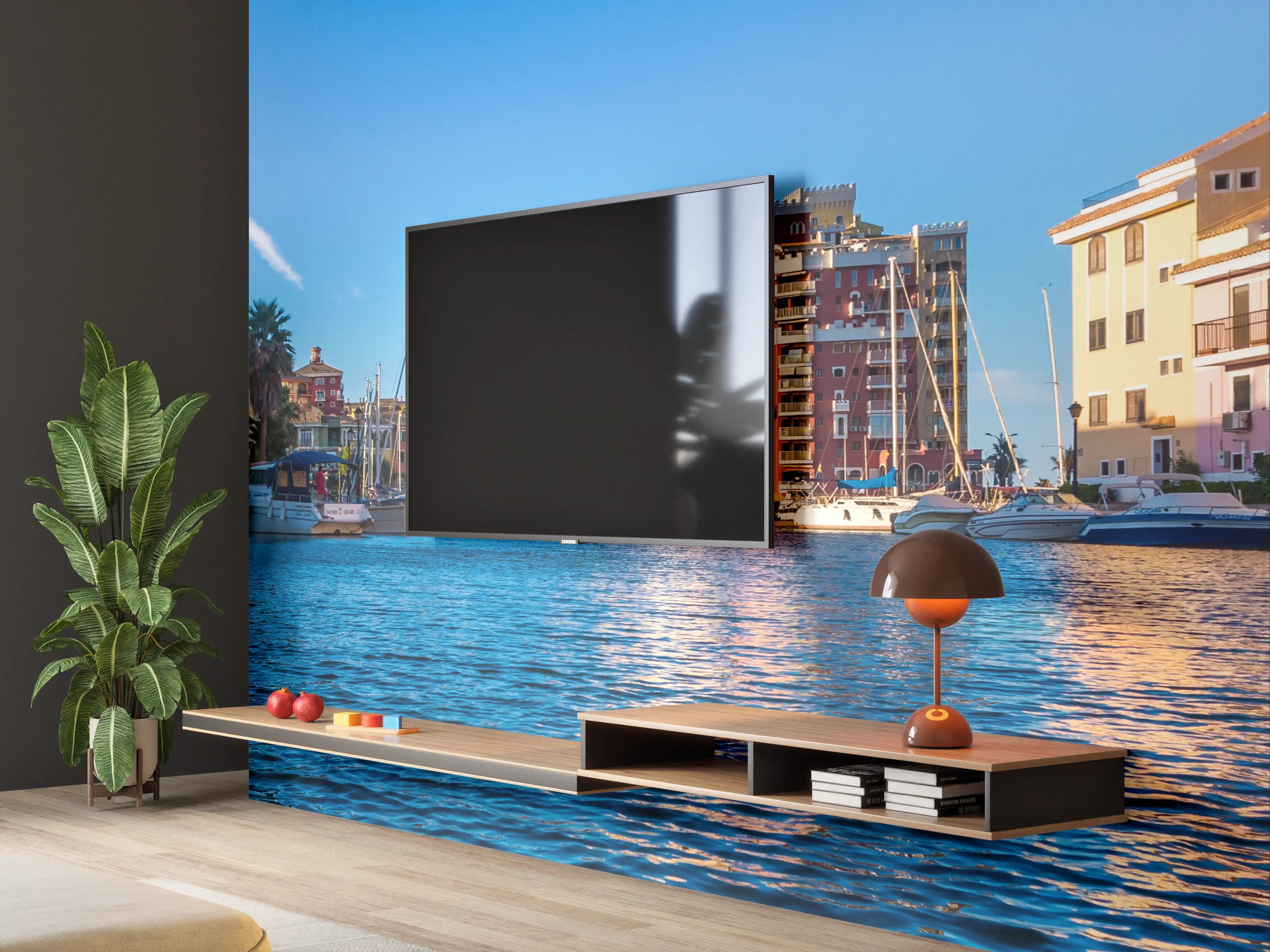 Wandverkleidung Wohnzimmer - Blick auf den Hafen bei Sonnenuntergang