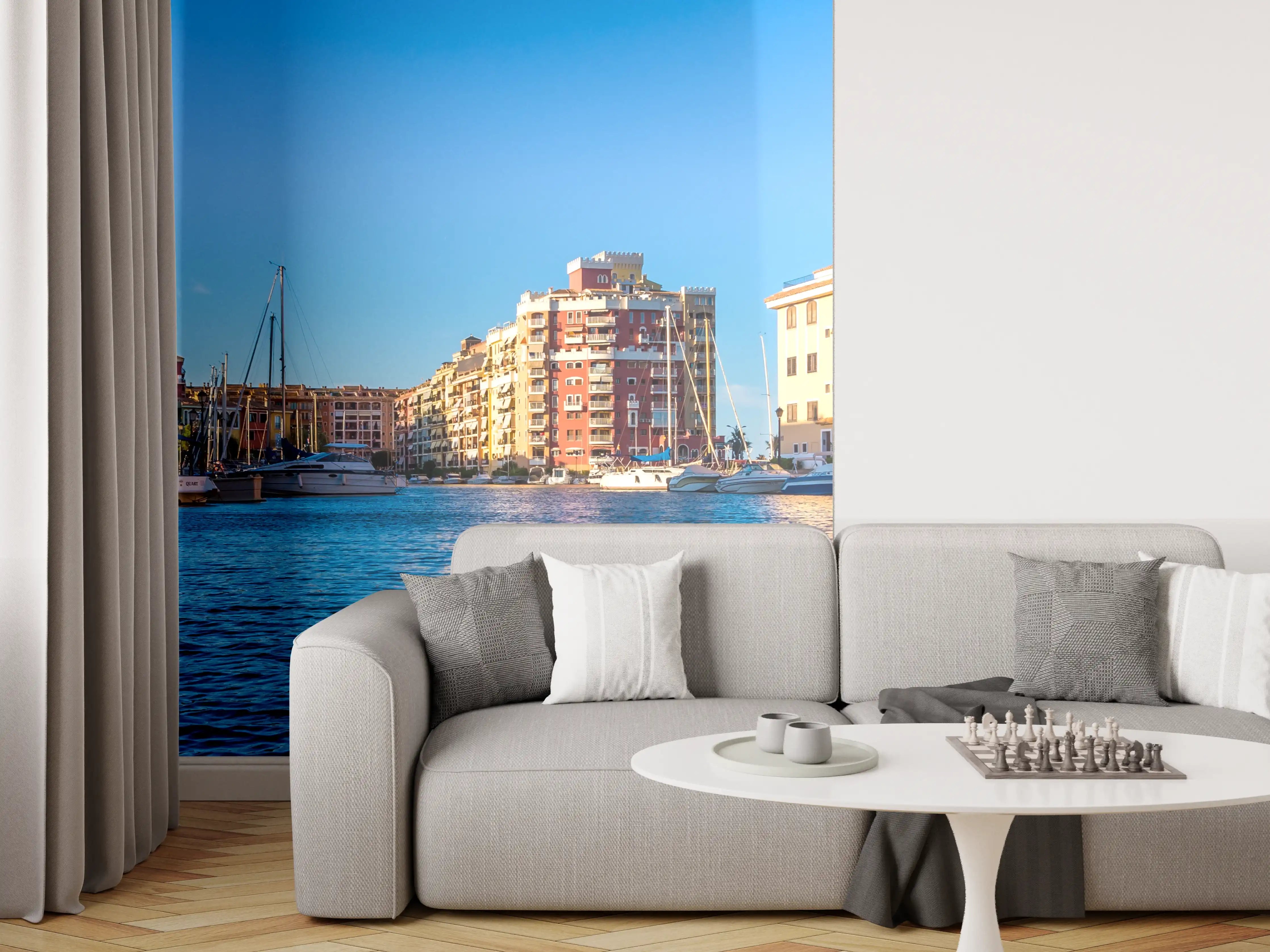 Wandverkleidung Wohnzimmer - Blick auf den Hafen bei Sonnenuntergang