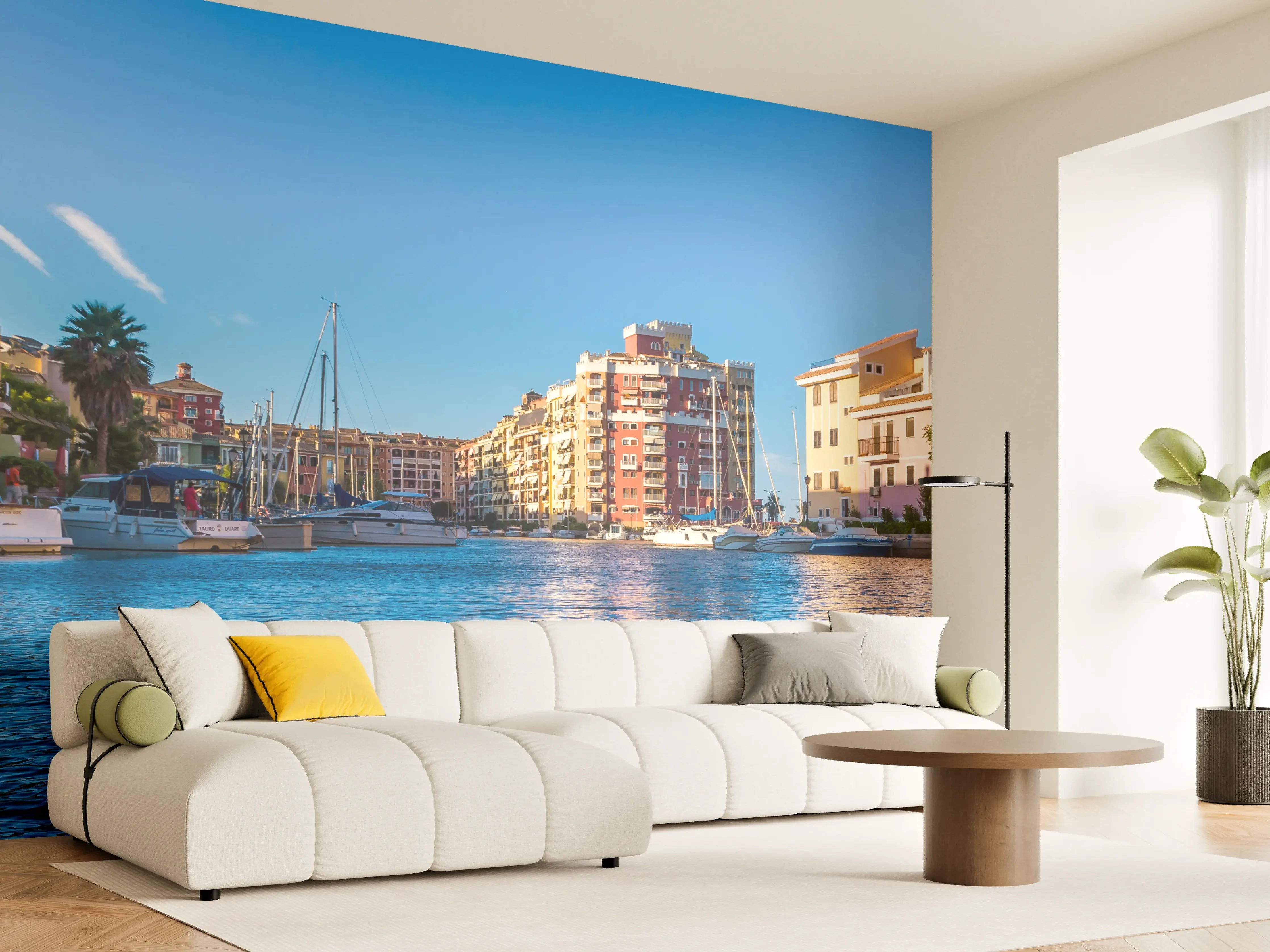 Wandverkleidung Wohnzimmer - Blick auf den Hafen bei Sonnenuntergang