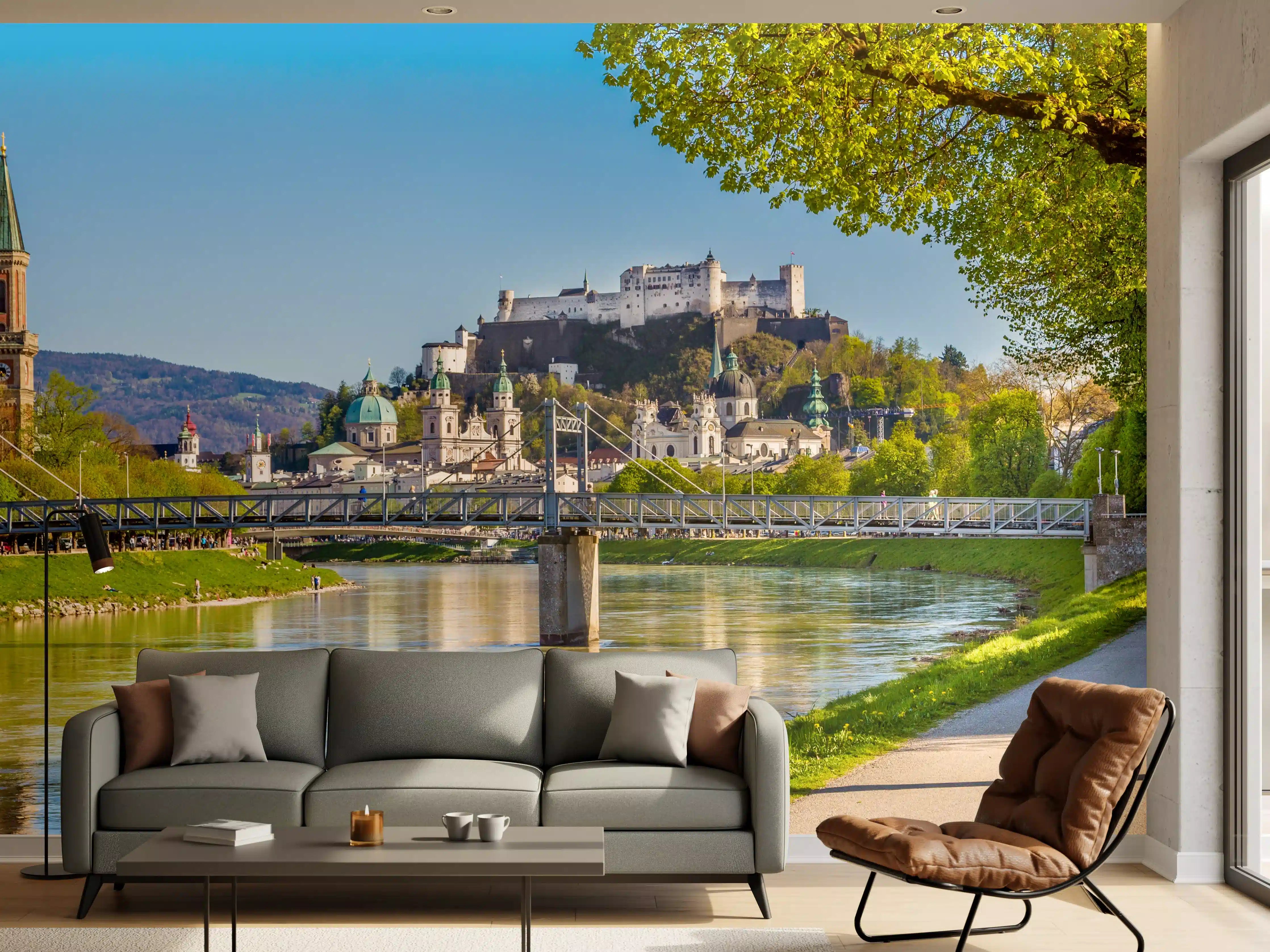Wandverkleidung Wohnzimmer - Blick auf die Salzburger Altstadt bei Sonnenschein