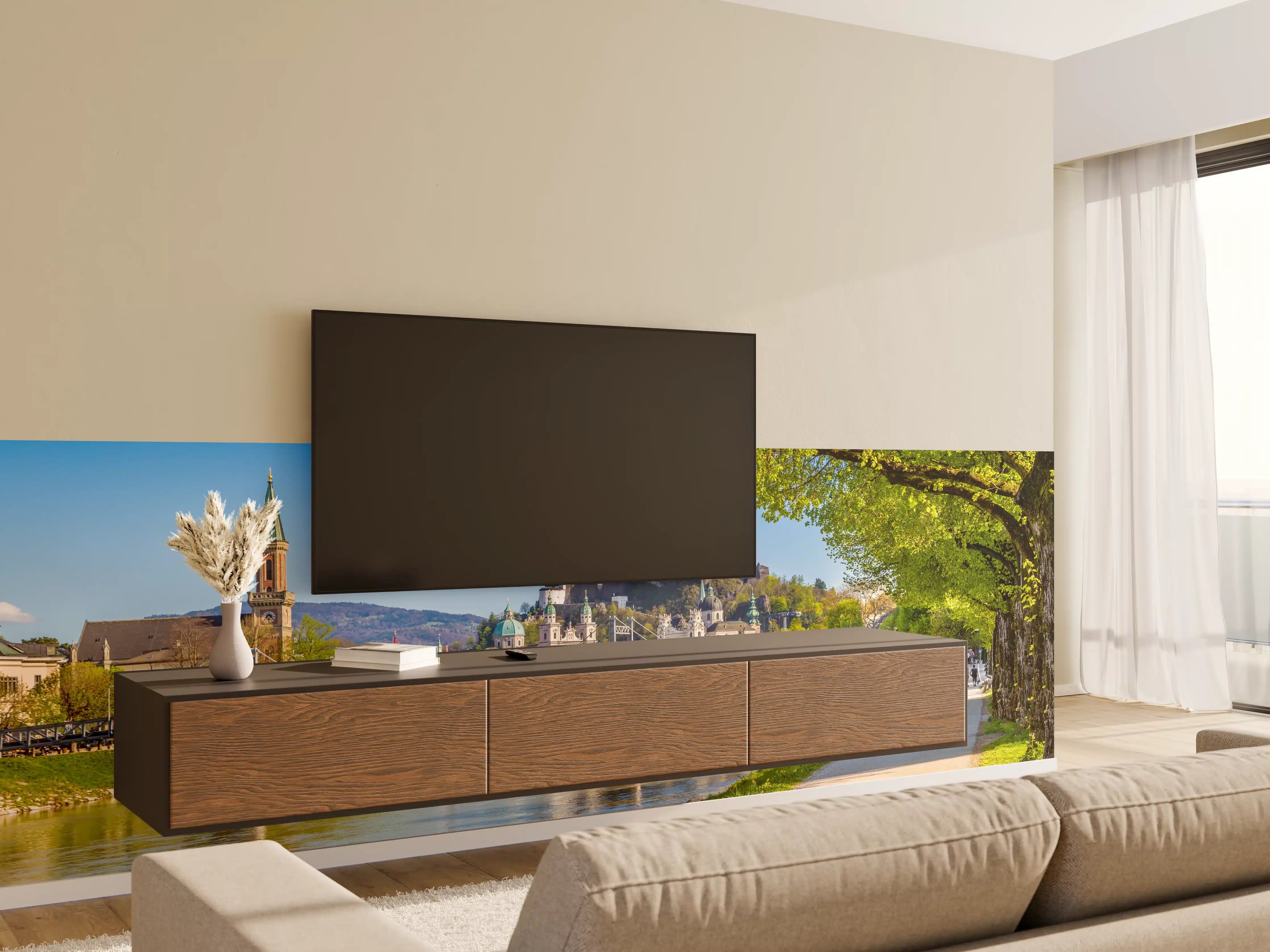 Wandverkleidung Wohnzimmer - Blick auf die Salzburger Altstadt bei Sonnenschein