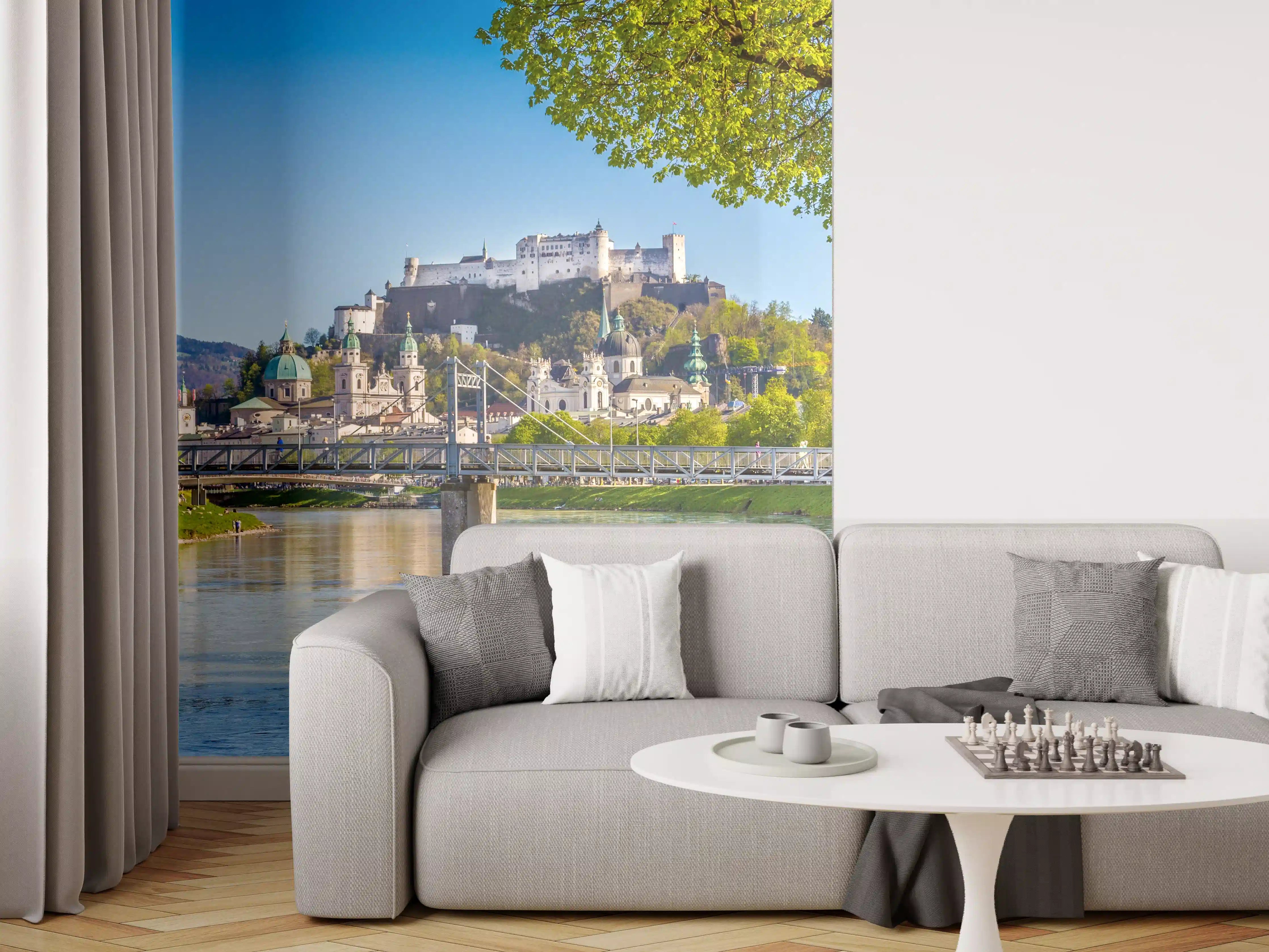 Wandverkleidung Wohnzimmer - Blick auf die Salzburger Altstadt bei Sonnenschein