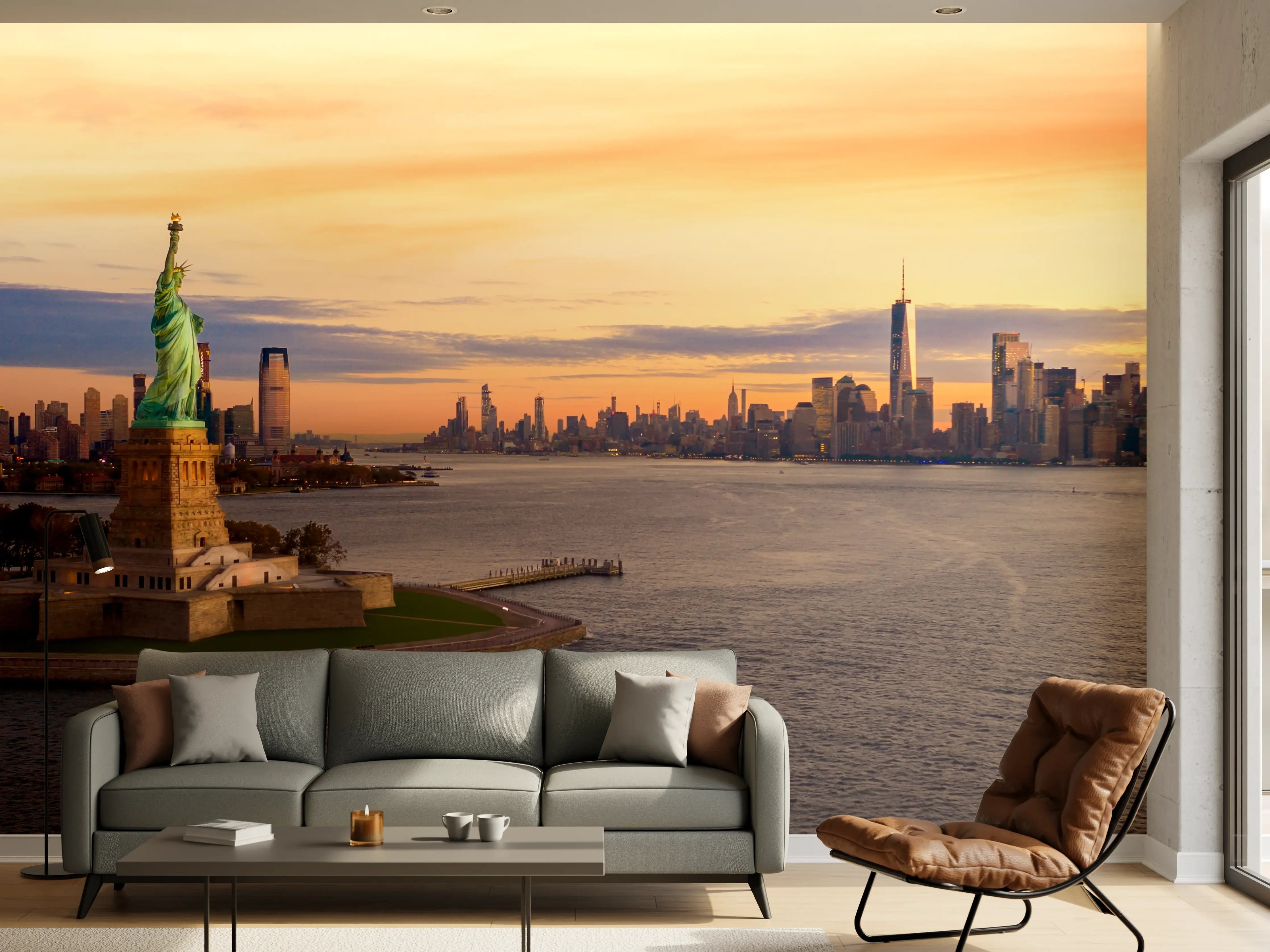 Wandverkleidung Wohnzimmer - Blick auf die Skyline von New York bei Sonnenuntergang