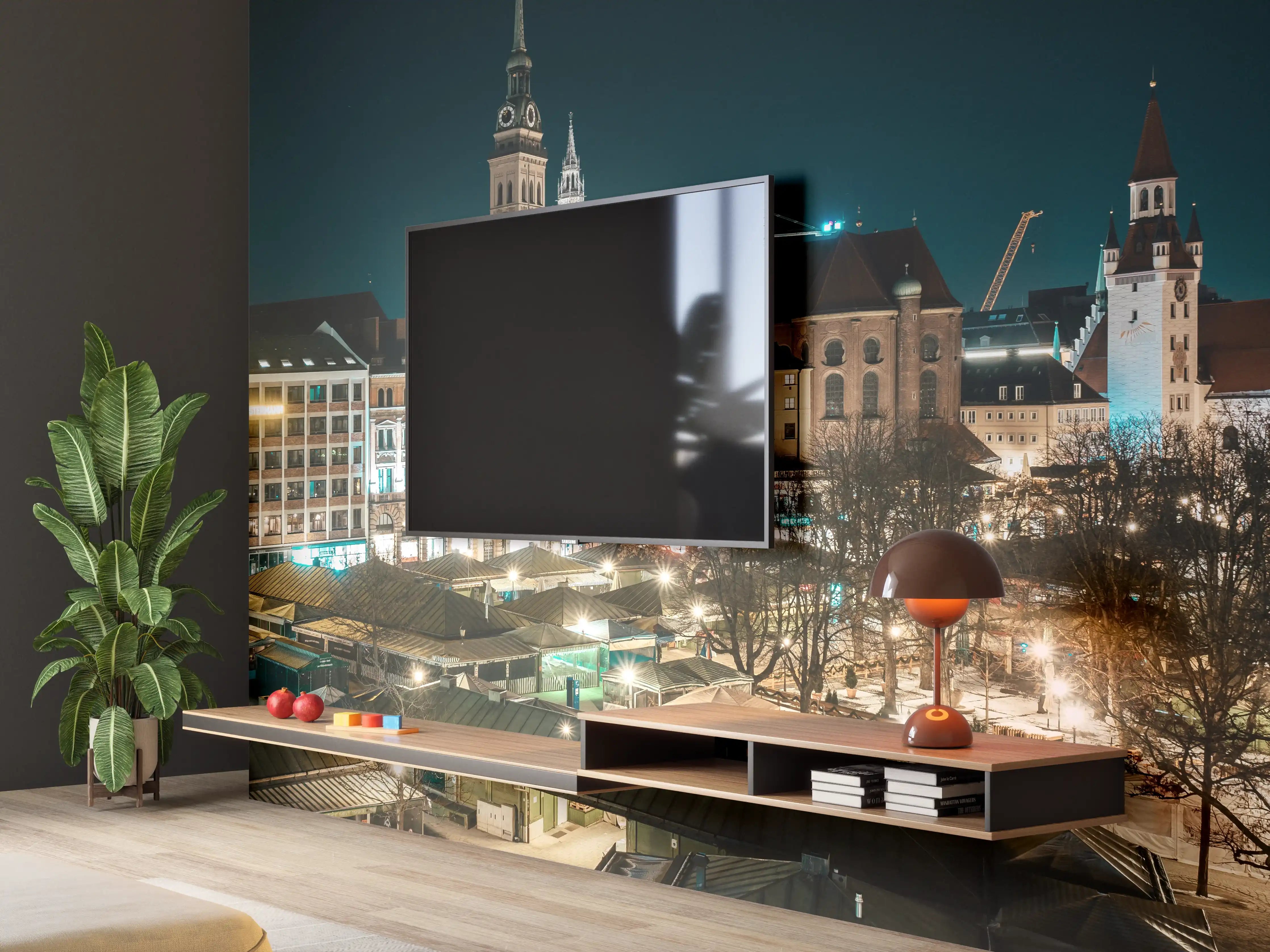 Wandverkleidung Wohnzimmer - Blick über den Viktualienmarkt zur Frauenkirche - München