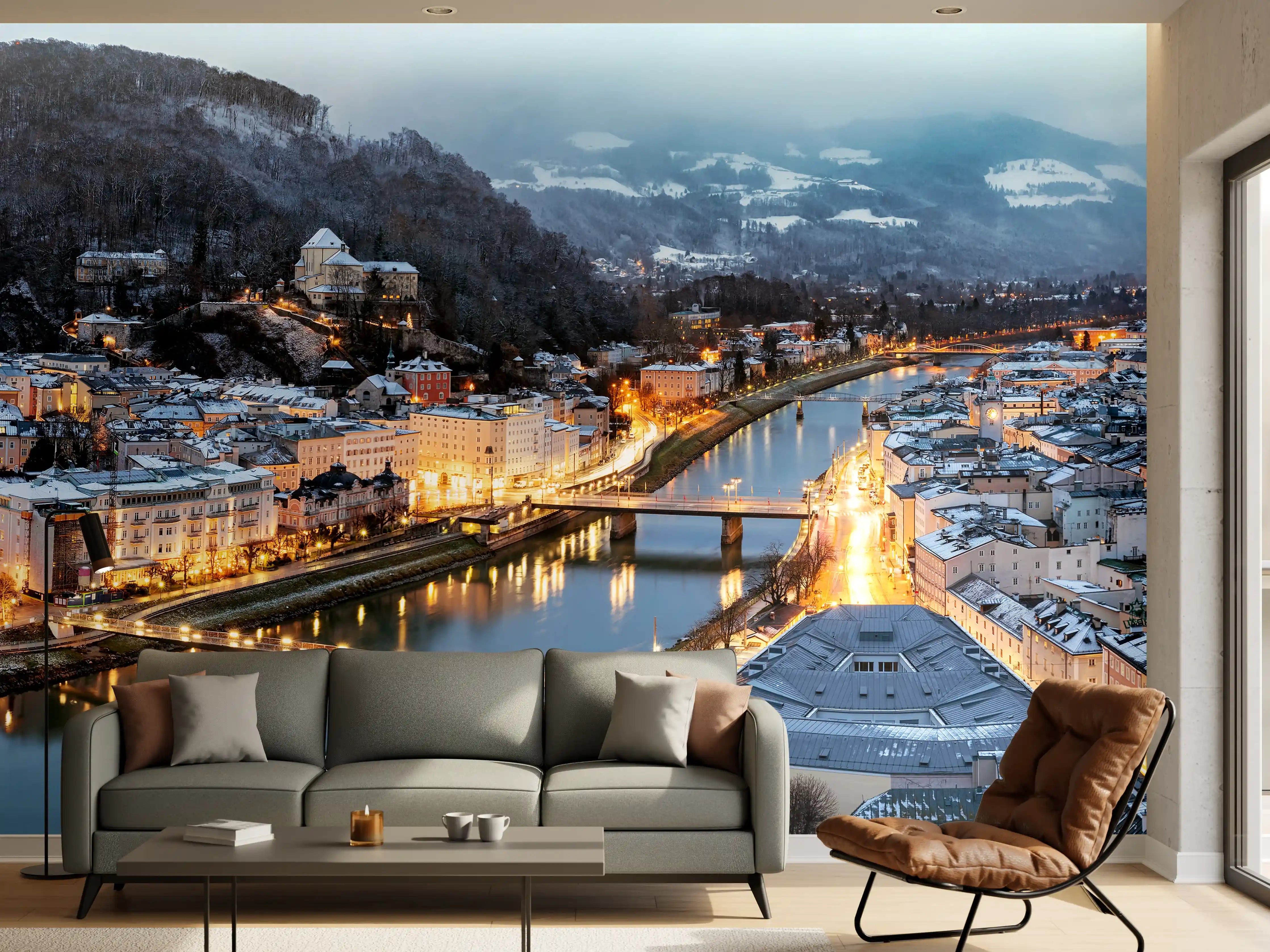 Wandverkleidung Wohnzimmer - Blick über die Stadt bei Dämmerung