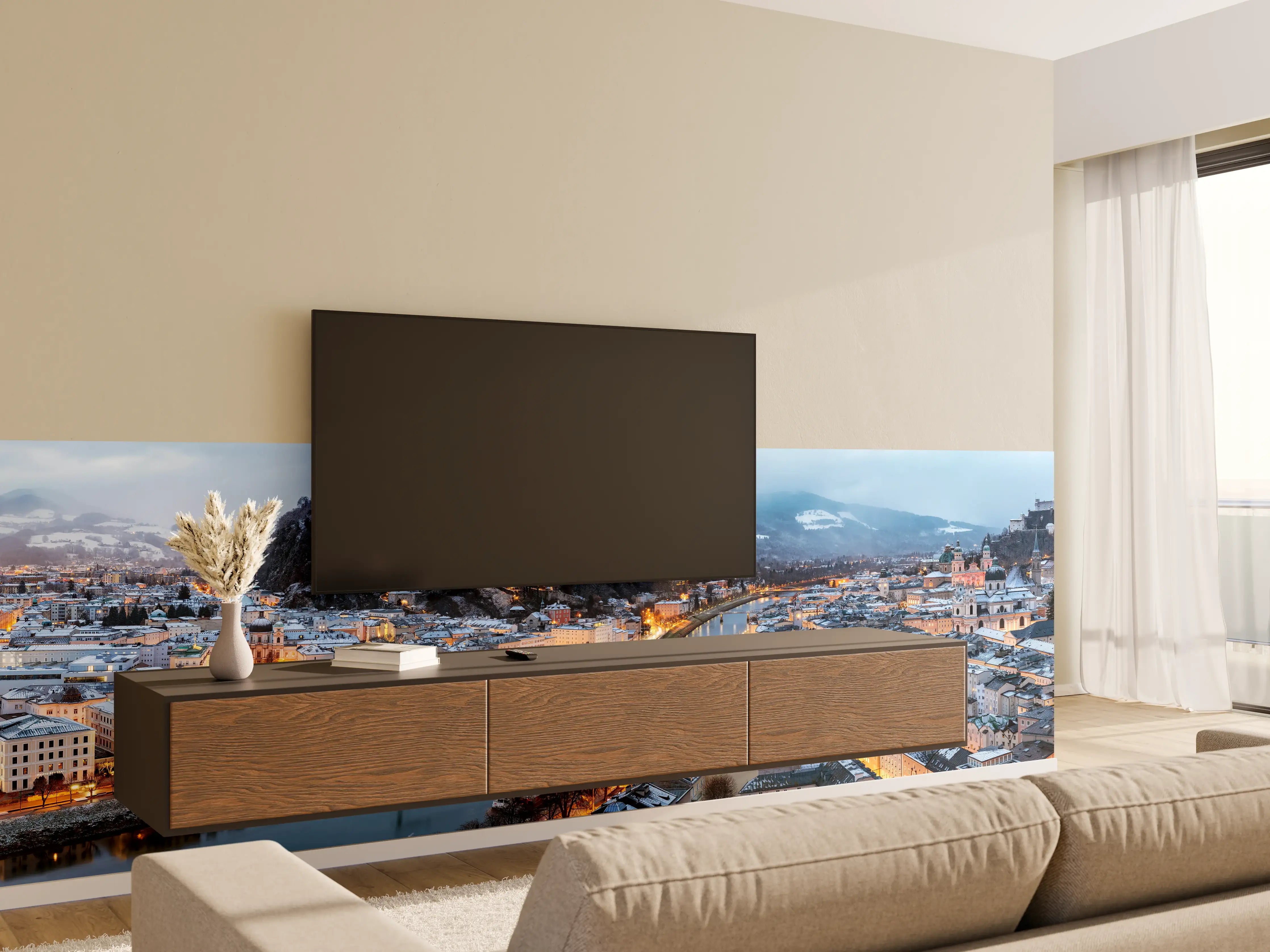 Wandverkleidung Wohnzimmer - Blick über die Stadt bei Dämmerung