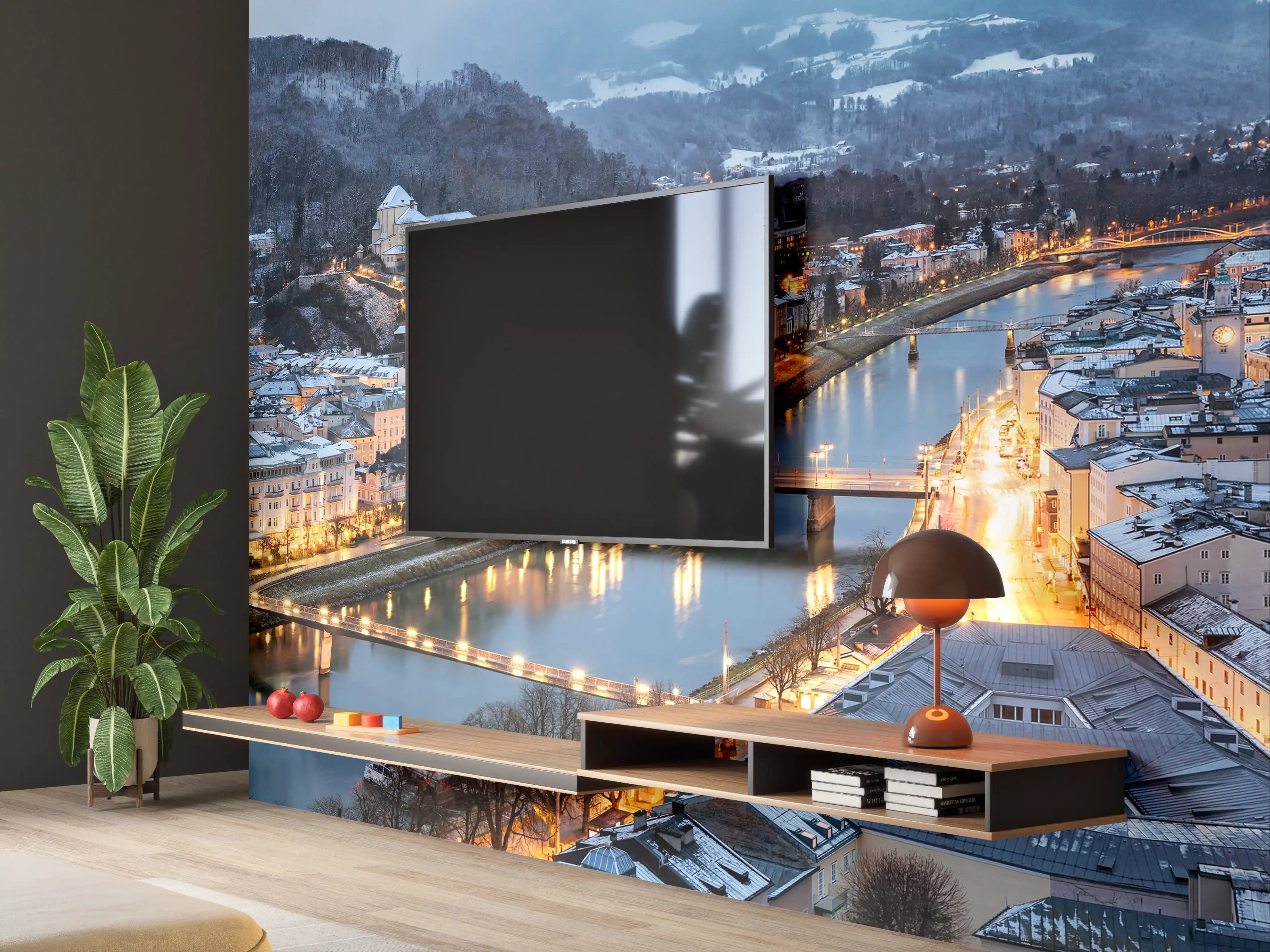 Wandverkleidung Wohnzimmer - Blick über die Stadt bei Dämmerung