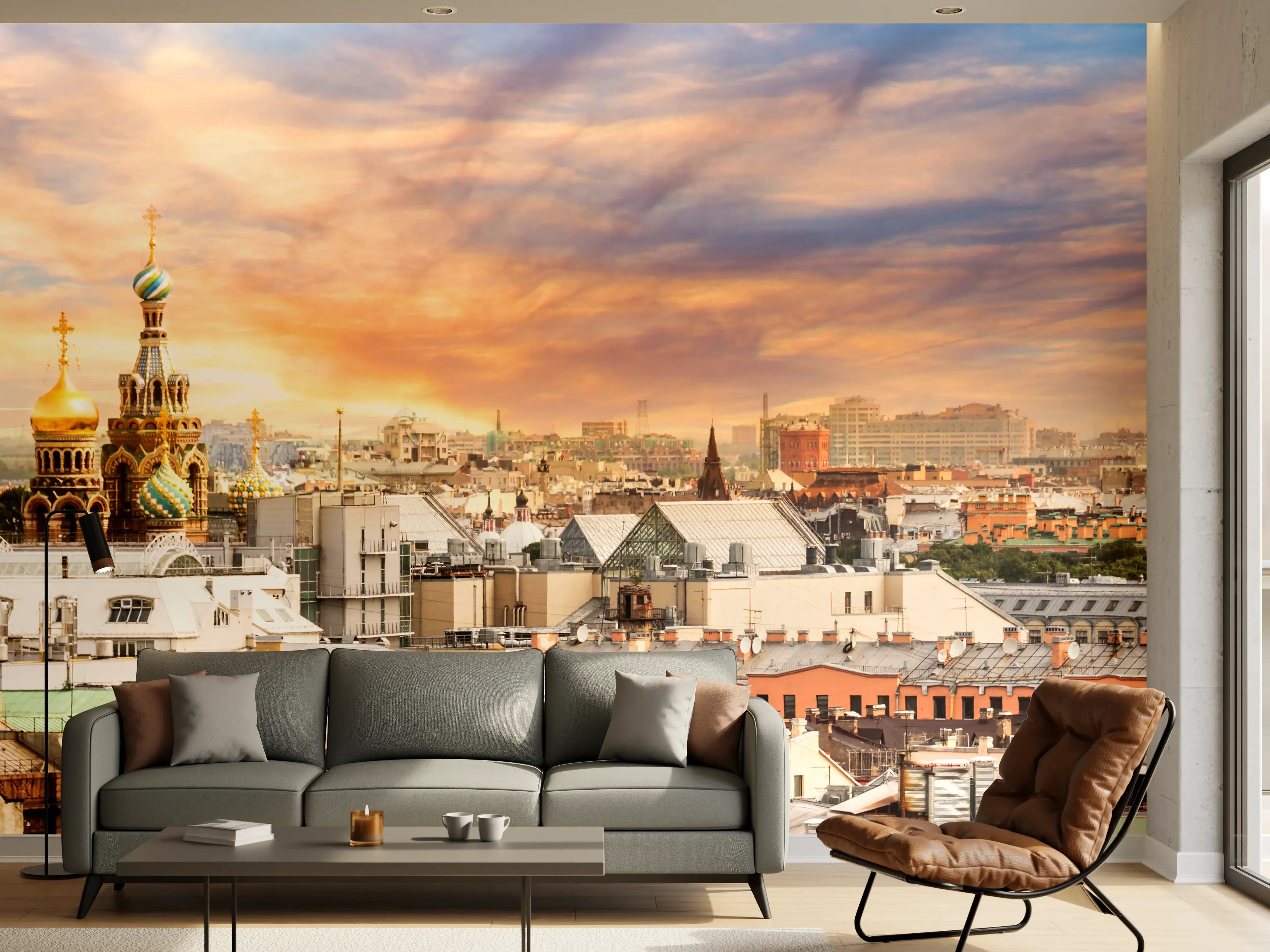 Wandverkleidung Wohnzimmer - Blick über die Stadt bei Sonnenuntergang