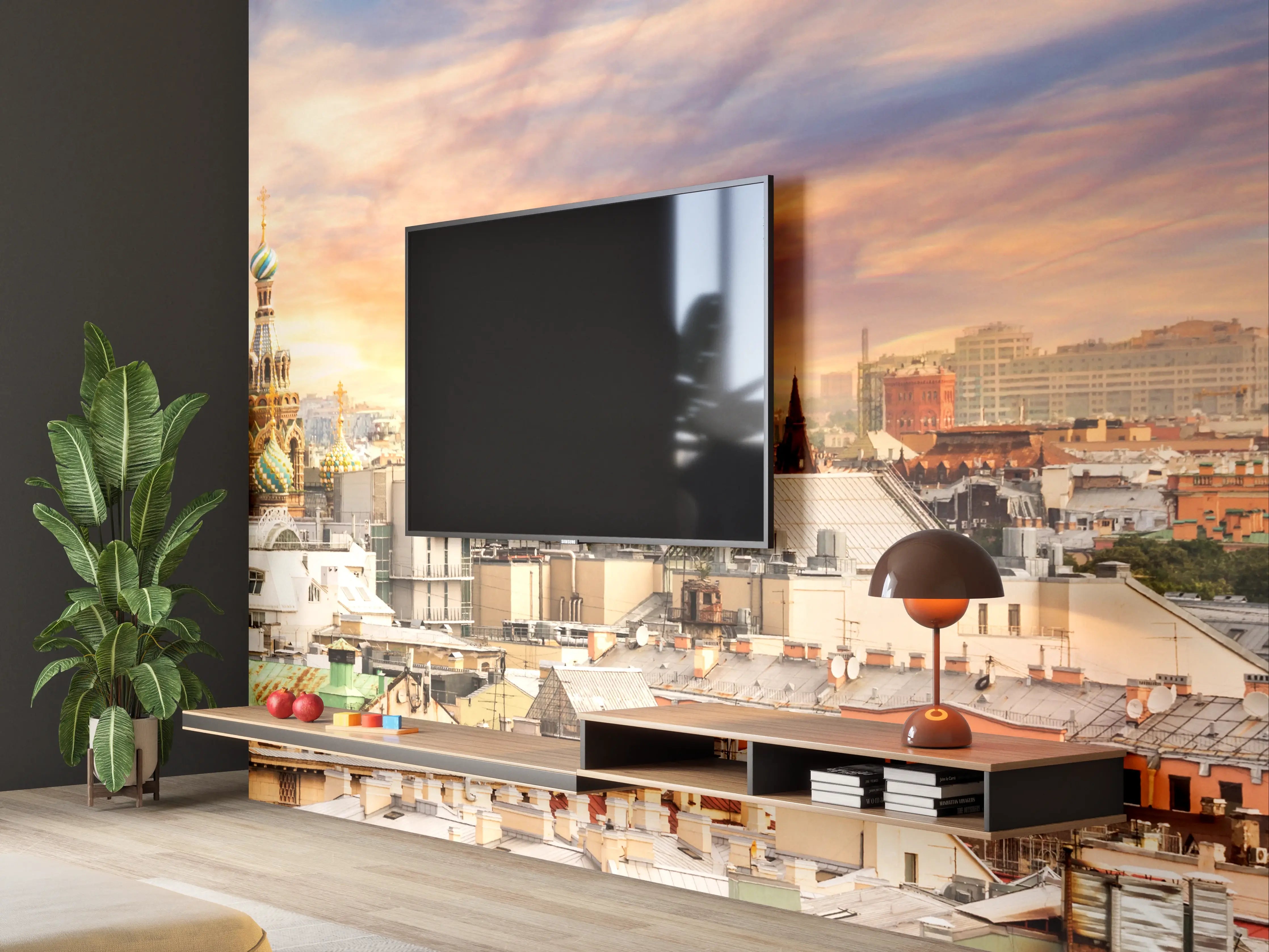 Wandverkleidung Wohnzimmer - Blick über die Stadt bei Sonnenuntergang