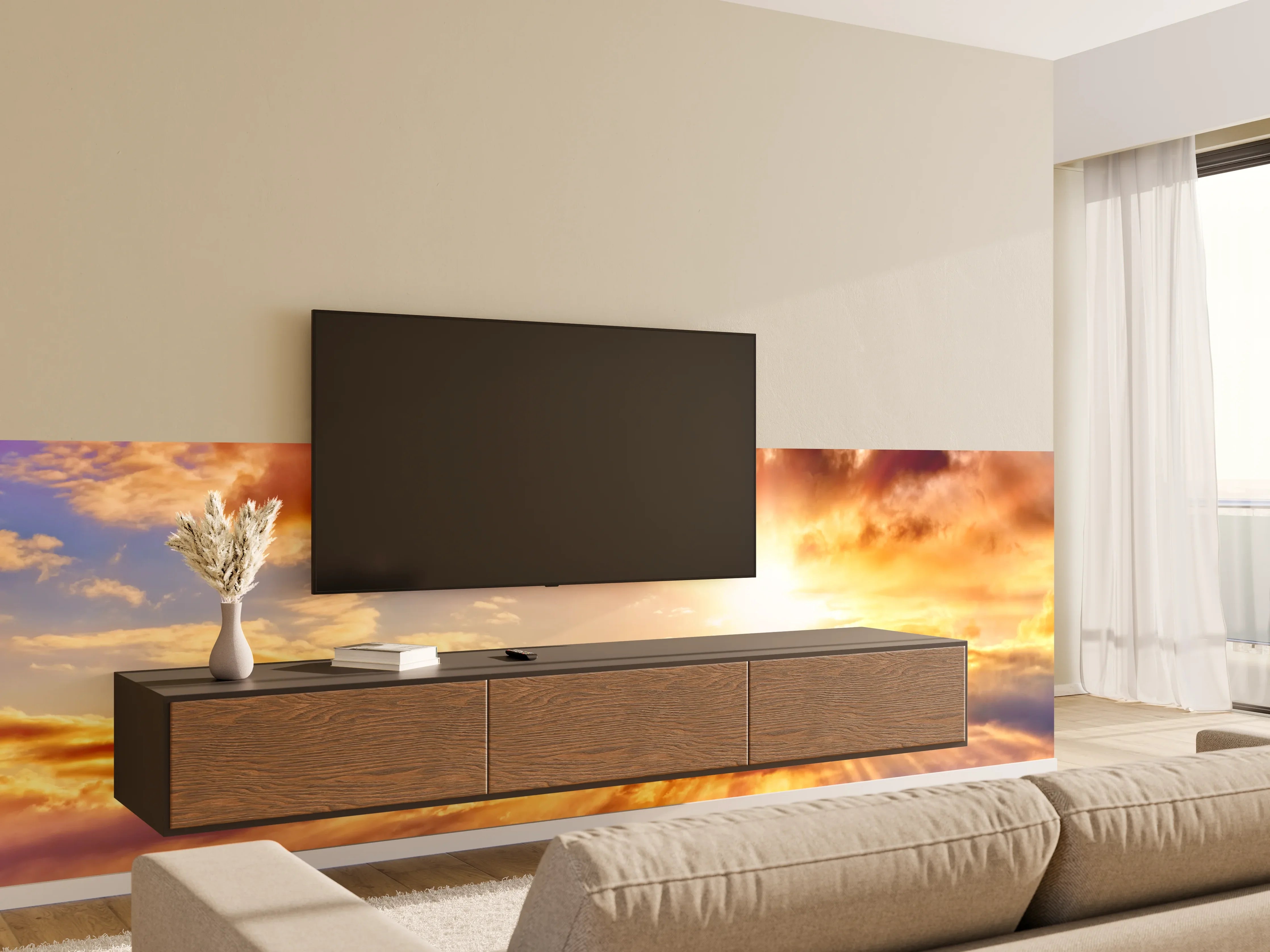 Wandverkleidung Wohnzimmer - Blick zum schönen Sonnenuntergang