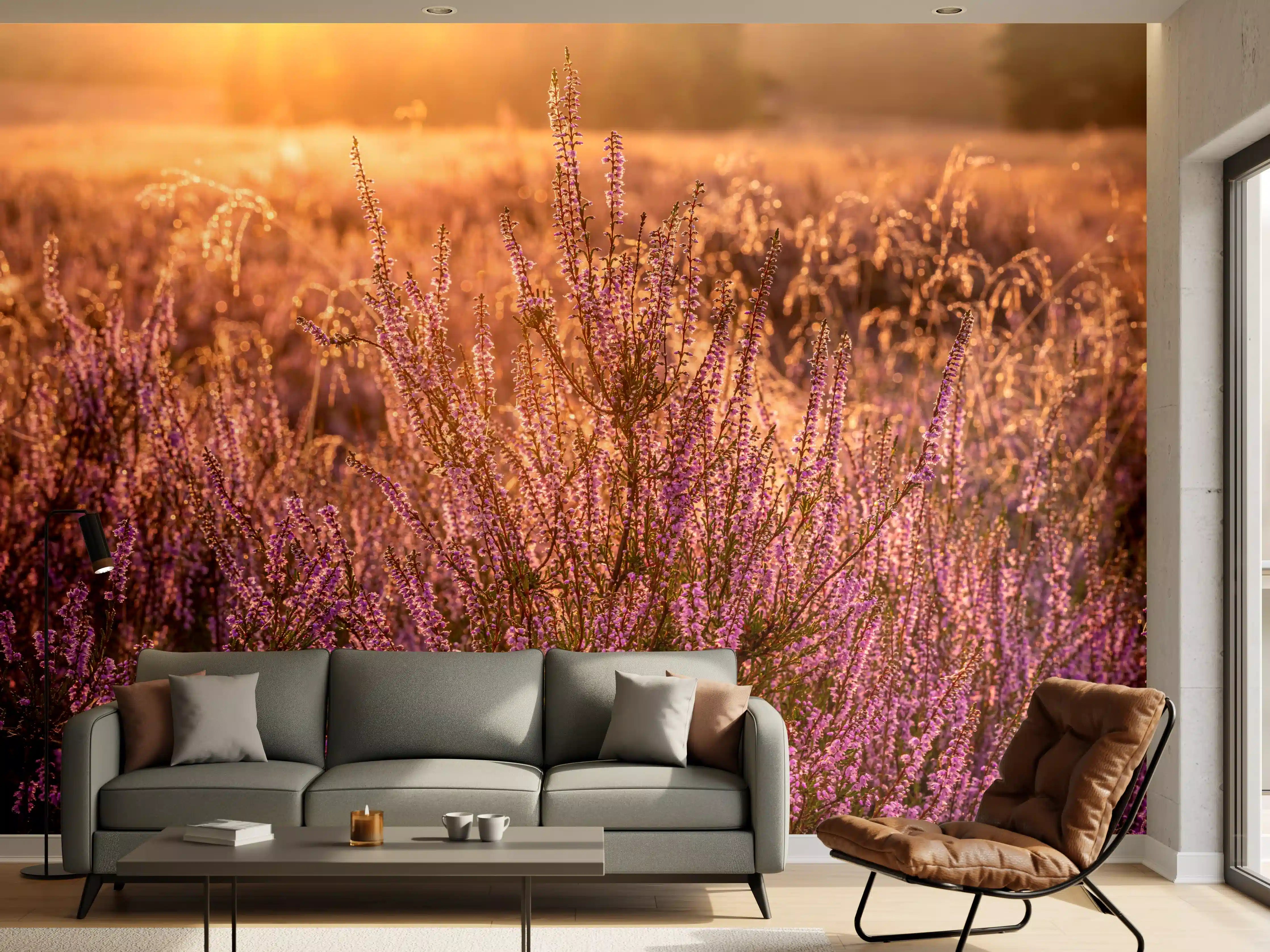 Wandverkleidung Wohnzimmer - Blühende Heide im Sonnenuntergang