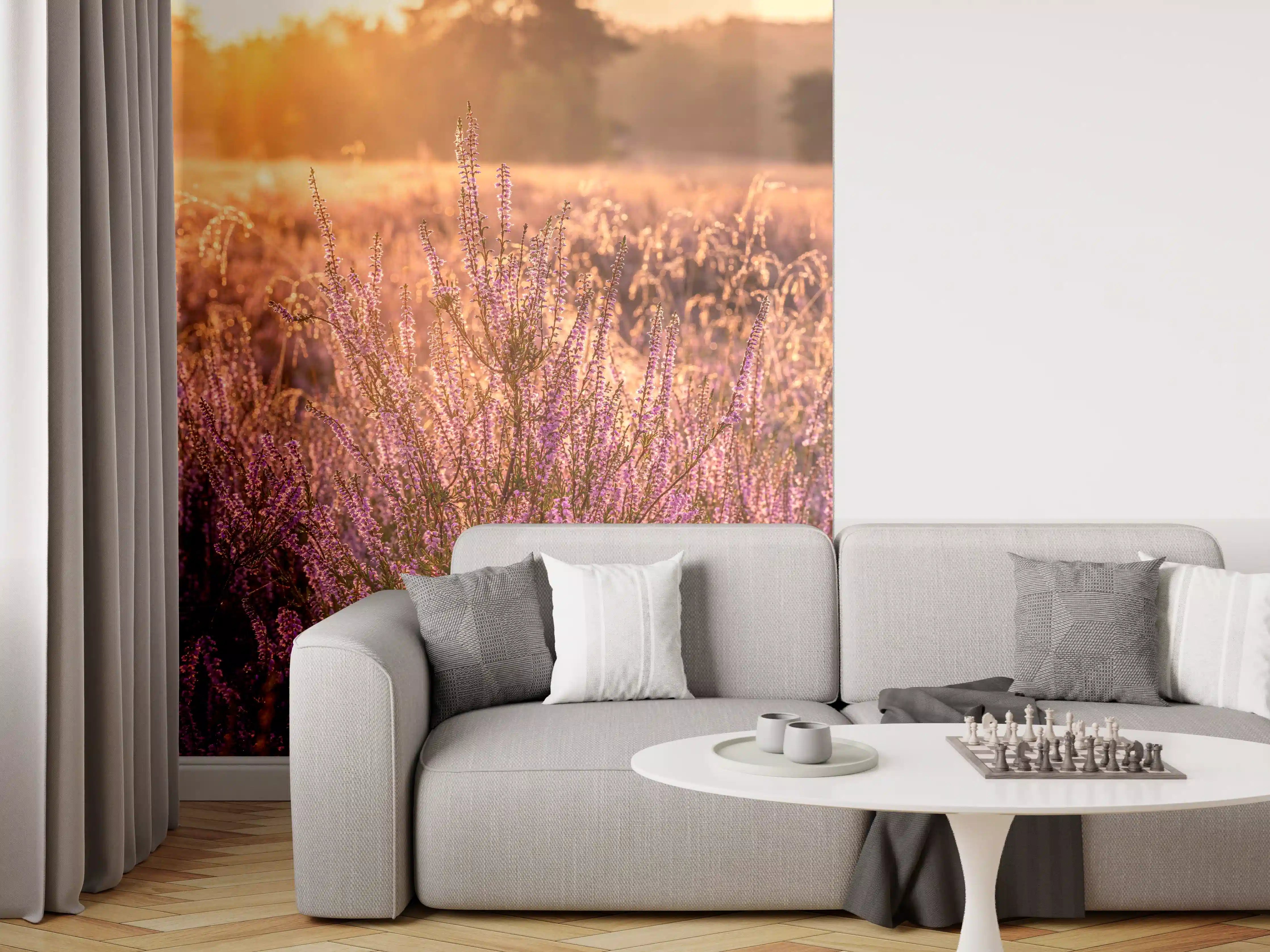 Wandverkleidung Wohnzimmer - Blühende Heide im Sonnenuntergang