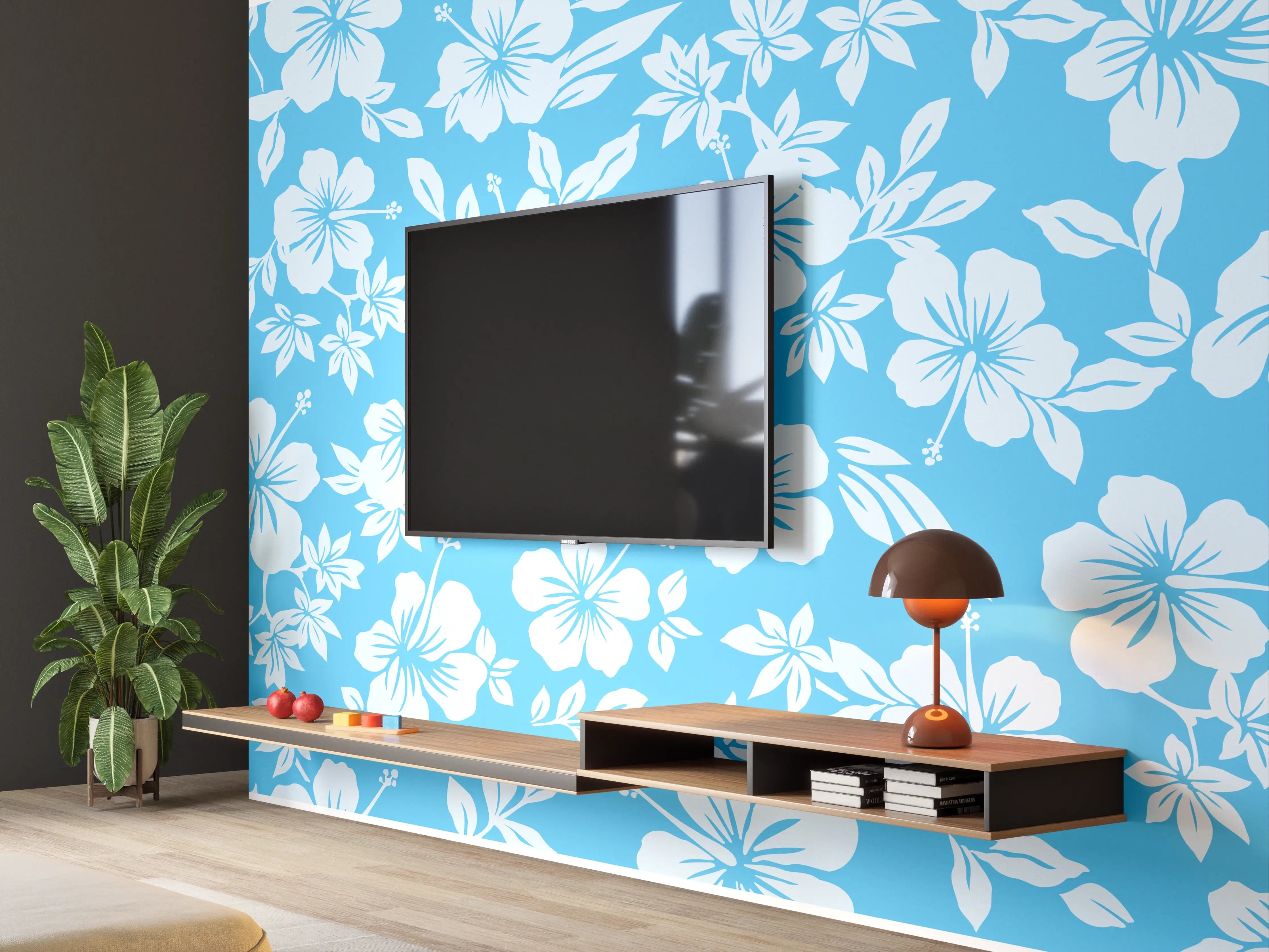Wandverkleidung Wohnzimmer - Blühende Hibiskusmuster in Blau