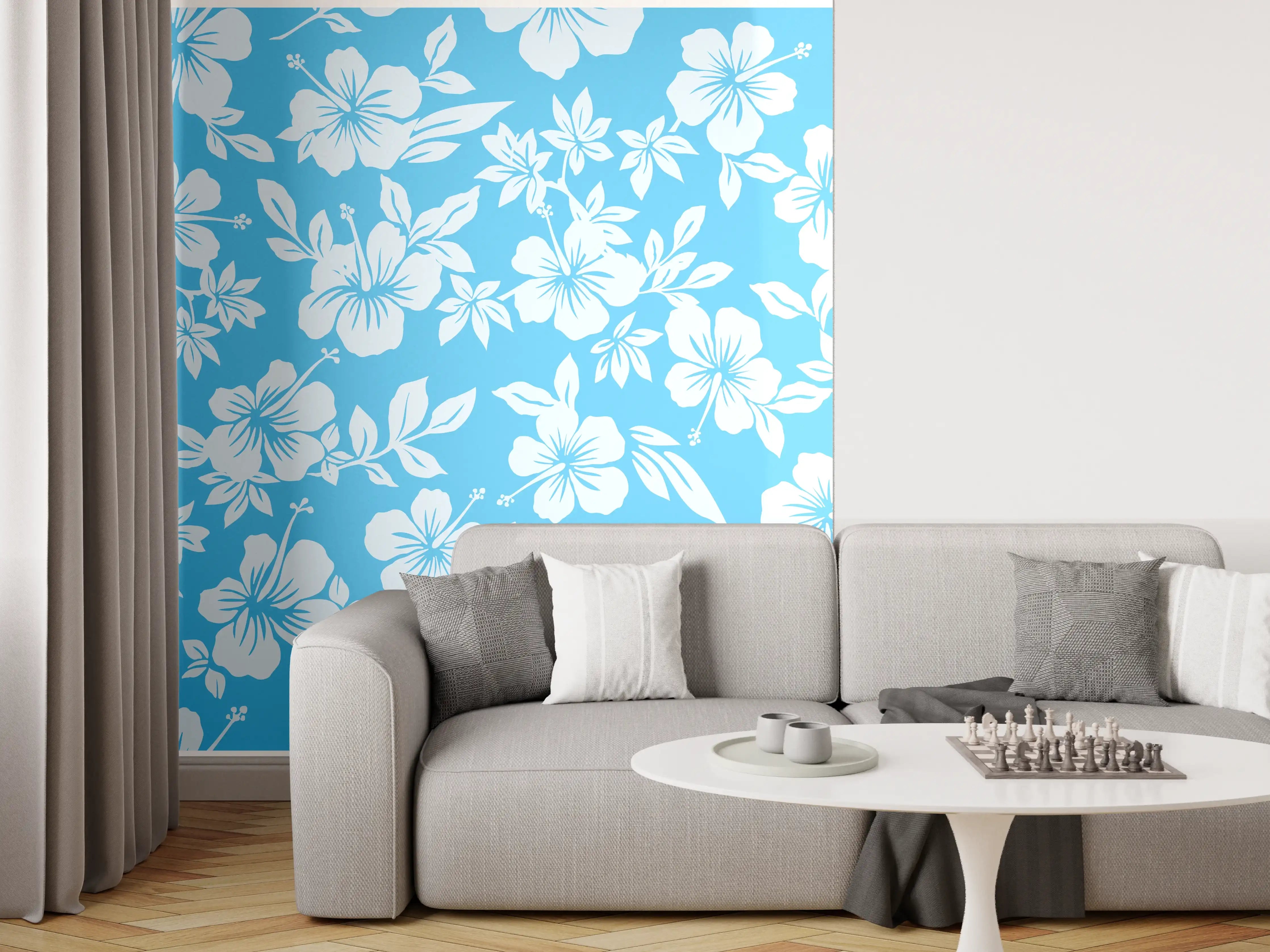 Wandverkleidung Wohnzimmer - Blühende Hibiskusmuster in Blau