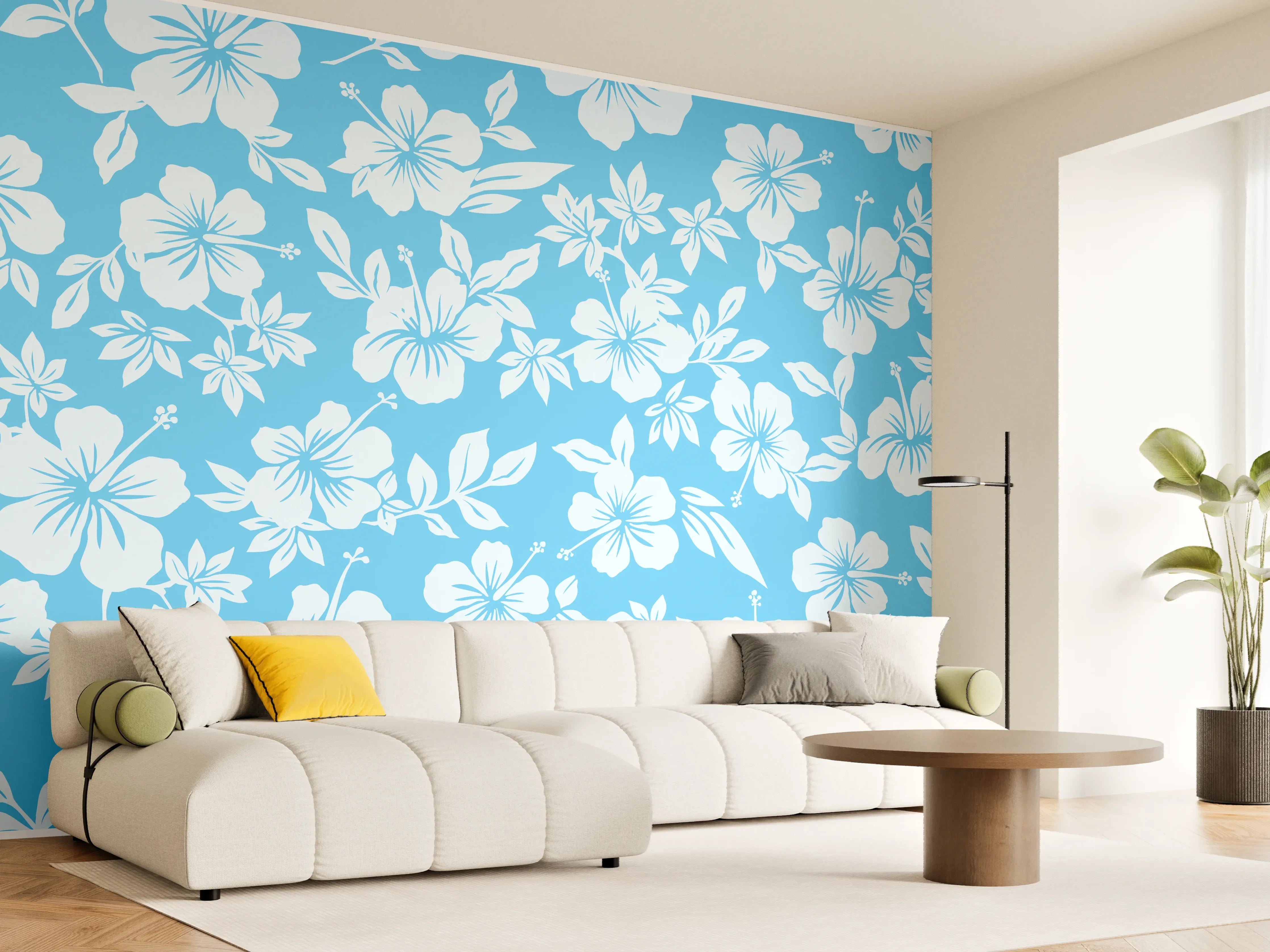 Wandverkleidung Wohnzimmer - Blühende Hibiskusmuster in Blau