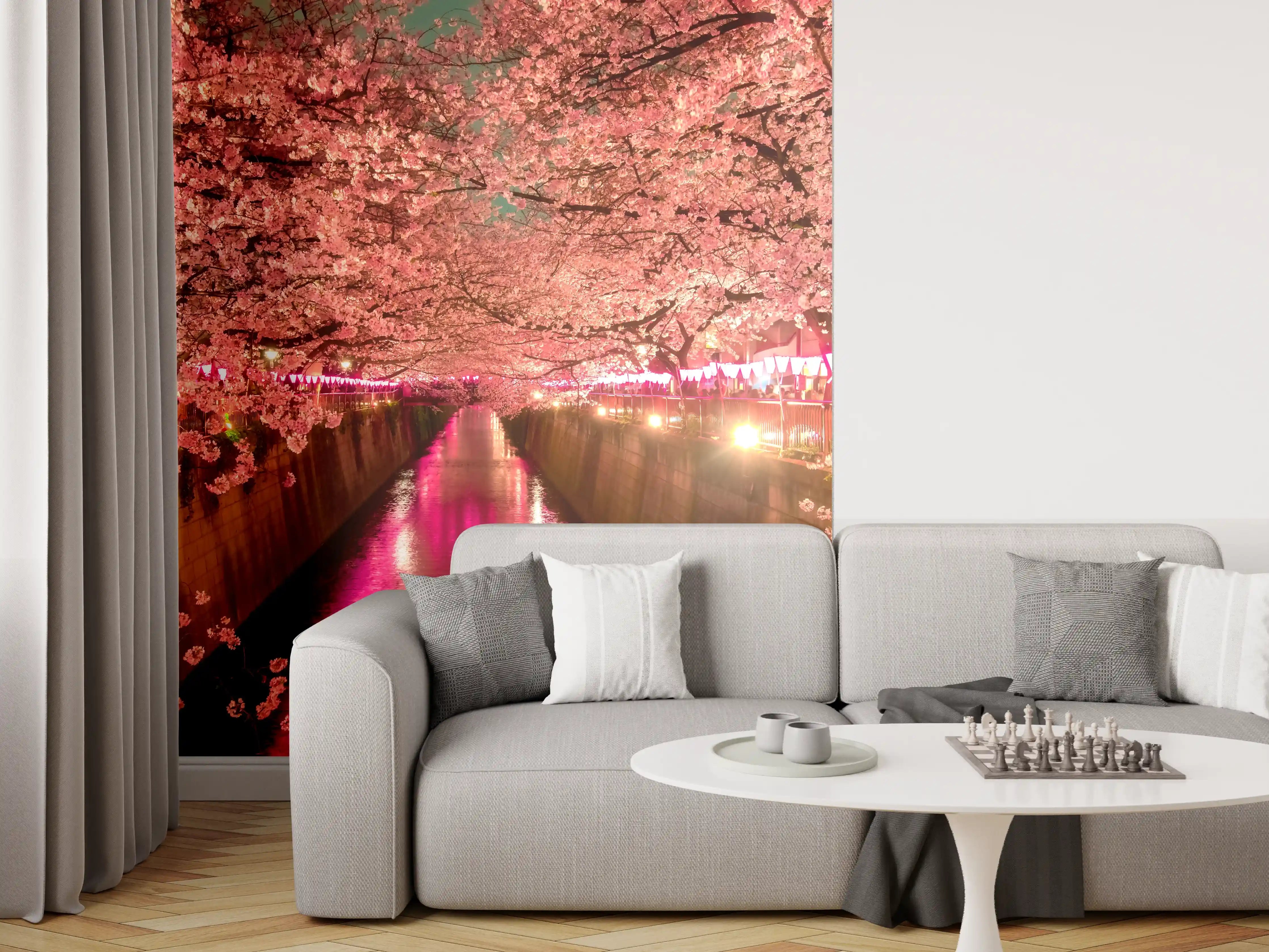Wandverkleidung Wohnzimmer - Blühende Kirschbäume am Fluss bei Nacht