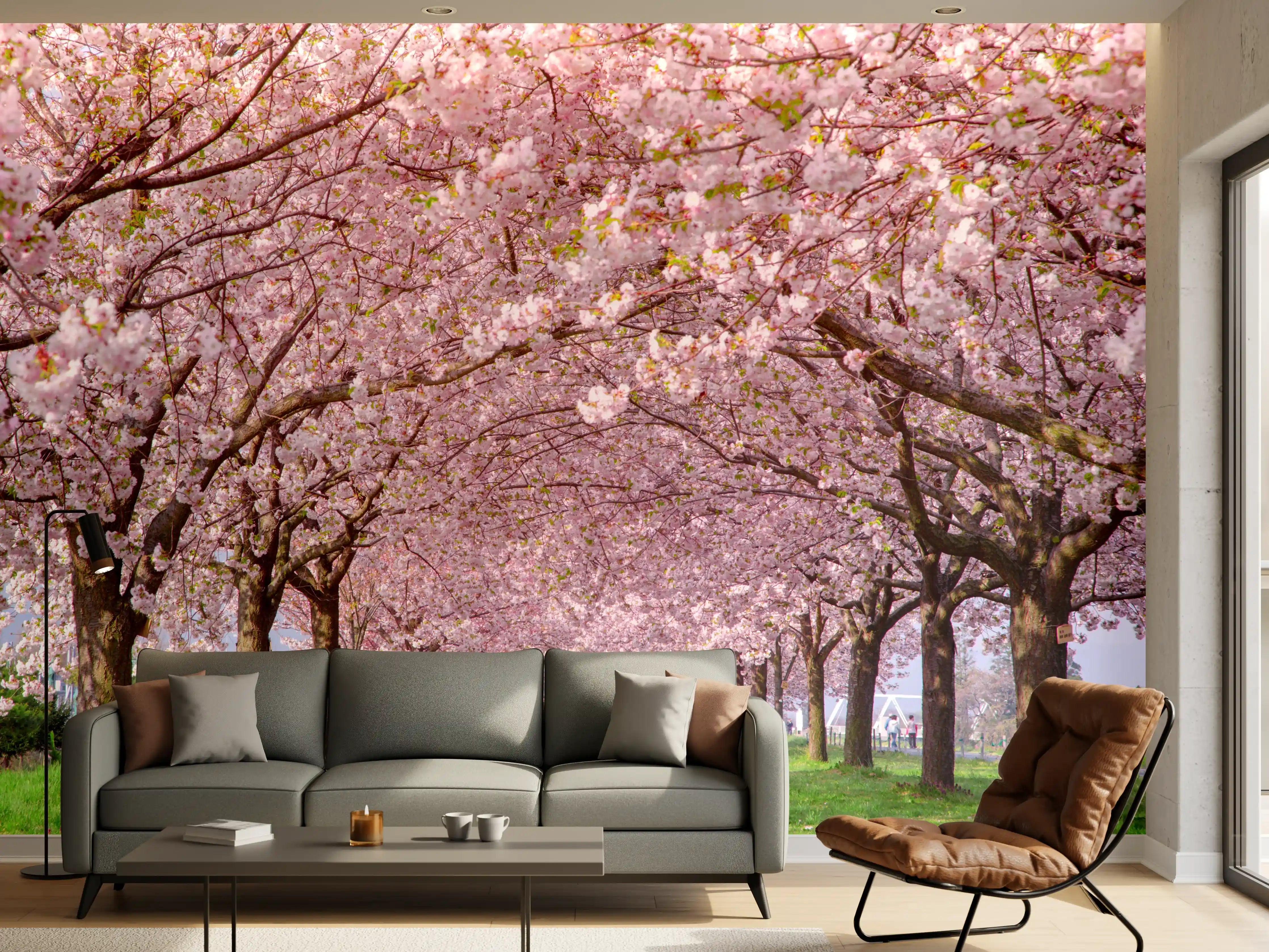 Wandverkleidung Wohnzimmer - Blühende Kirschbäume im Frühling