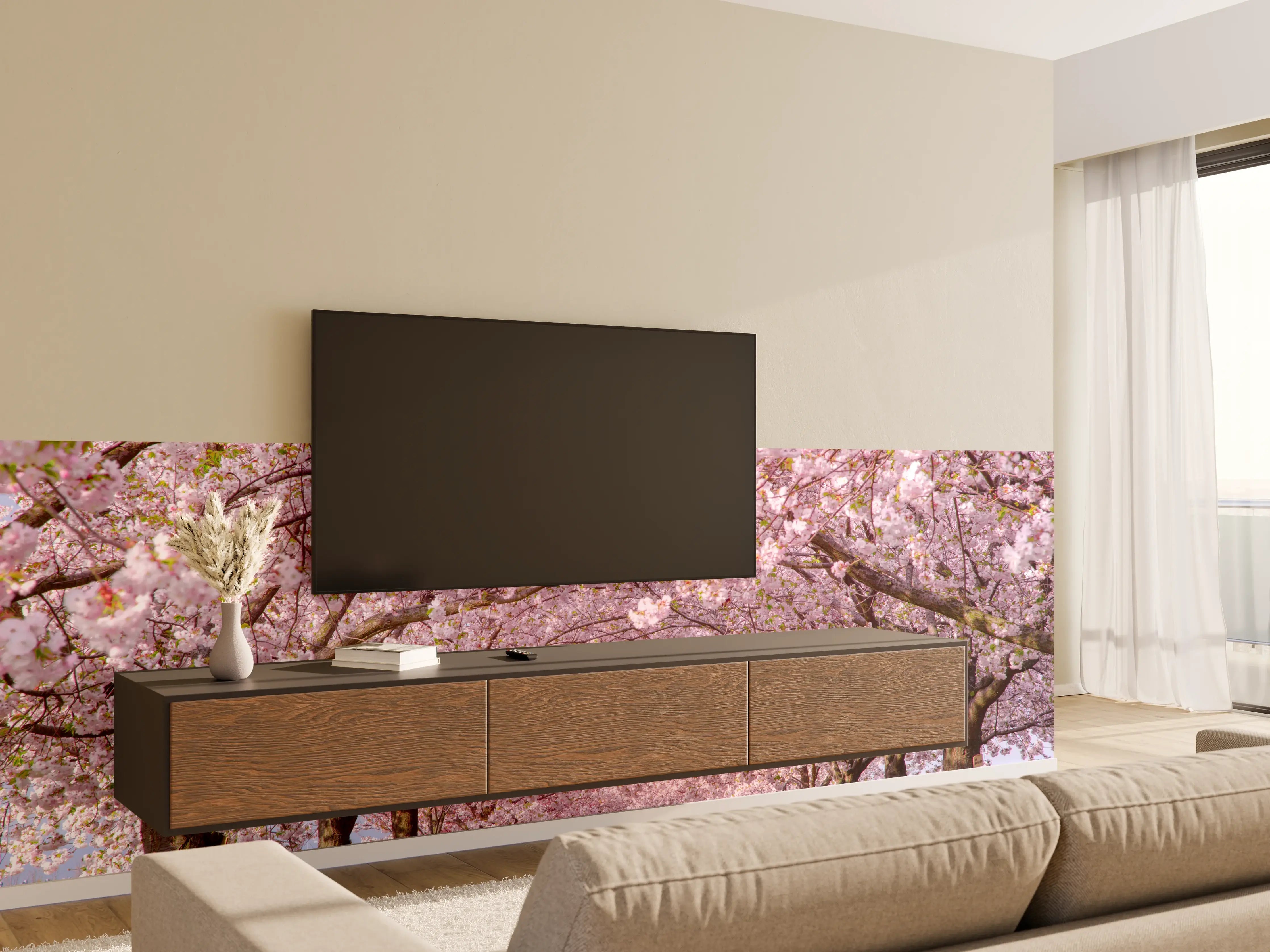 Wandverkleidung Wohnzimmer - Blühende Kirschbäume im Frühling
