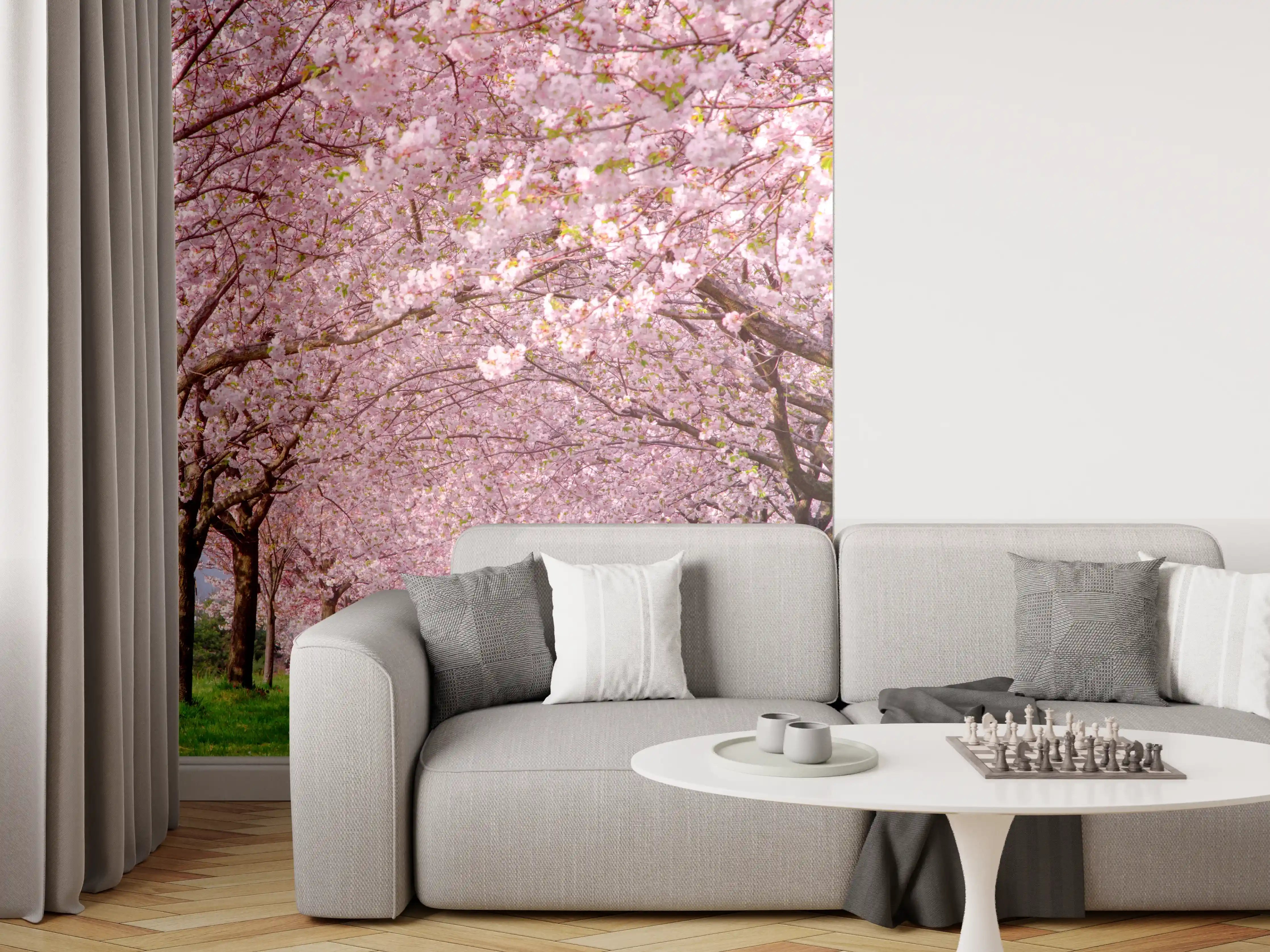 Wandverkleidung Wohnzimmer - Blühende Kirschbäume im Frühling