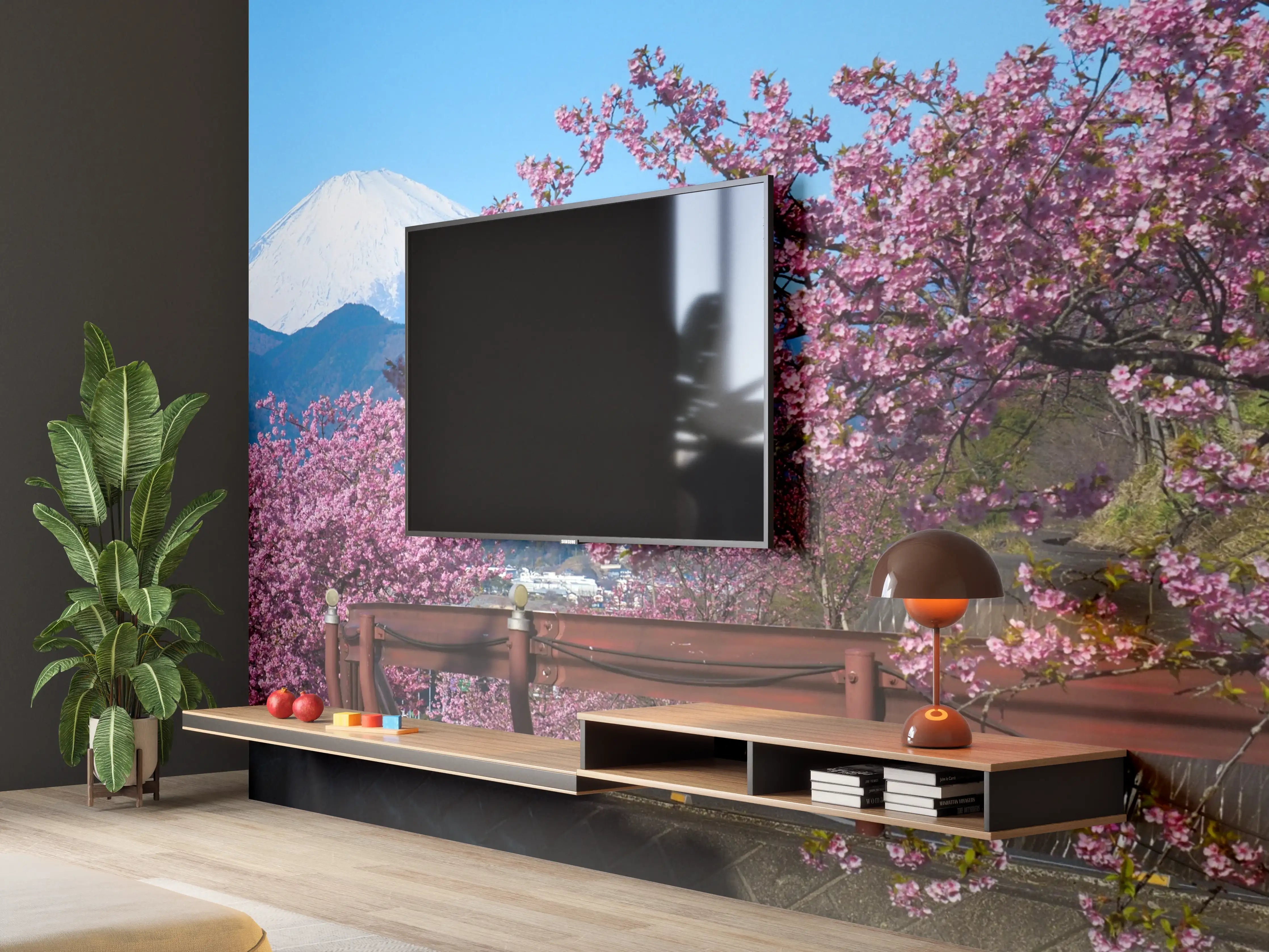 Wandverkleidung Wohnzimmer - Blühende Kirschbäume vor Mount Fuji
