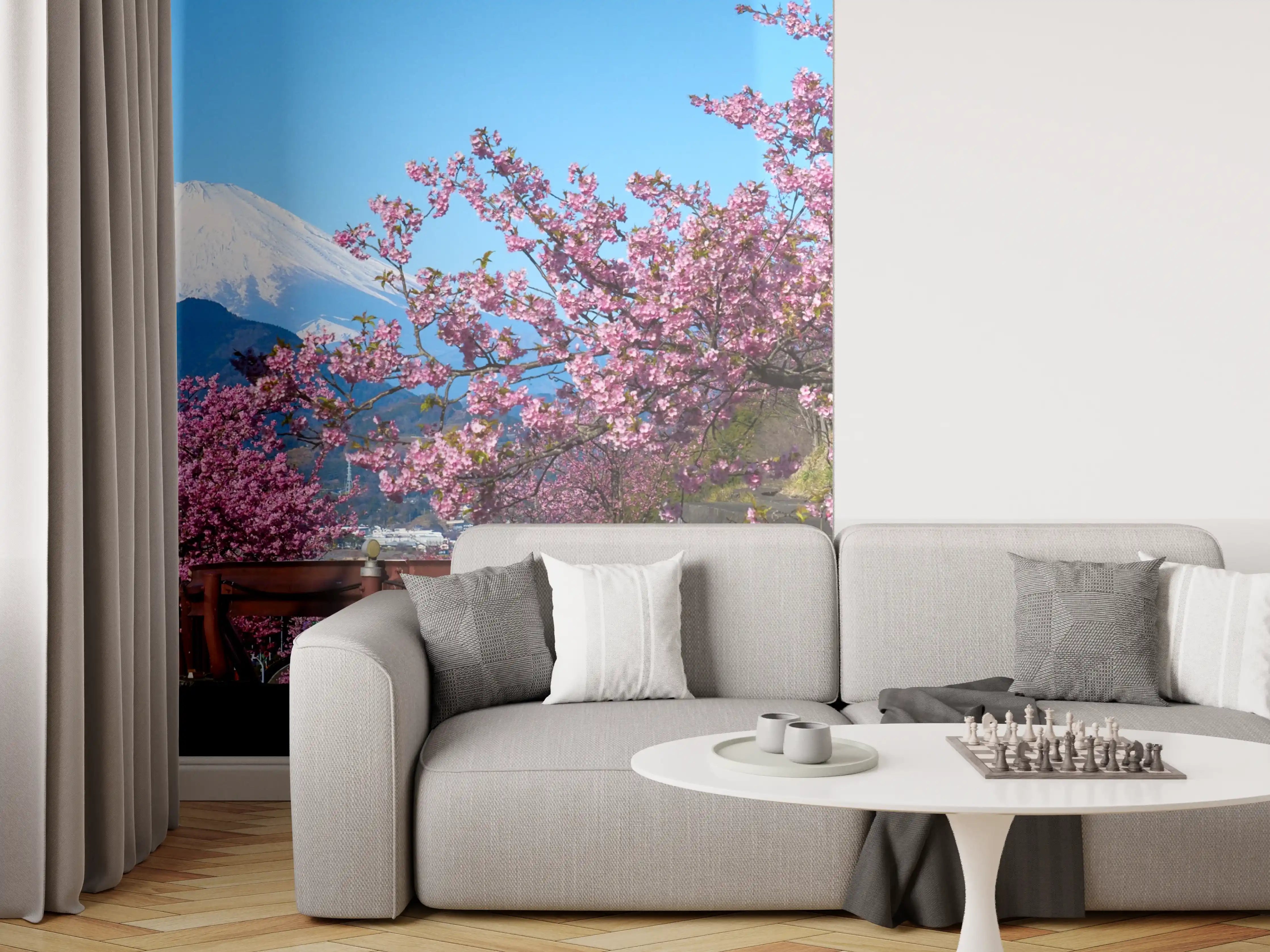 Wandverkleidung Wohnzimmer - Blühende Kirschbäume vor Mount Fuji
