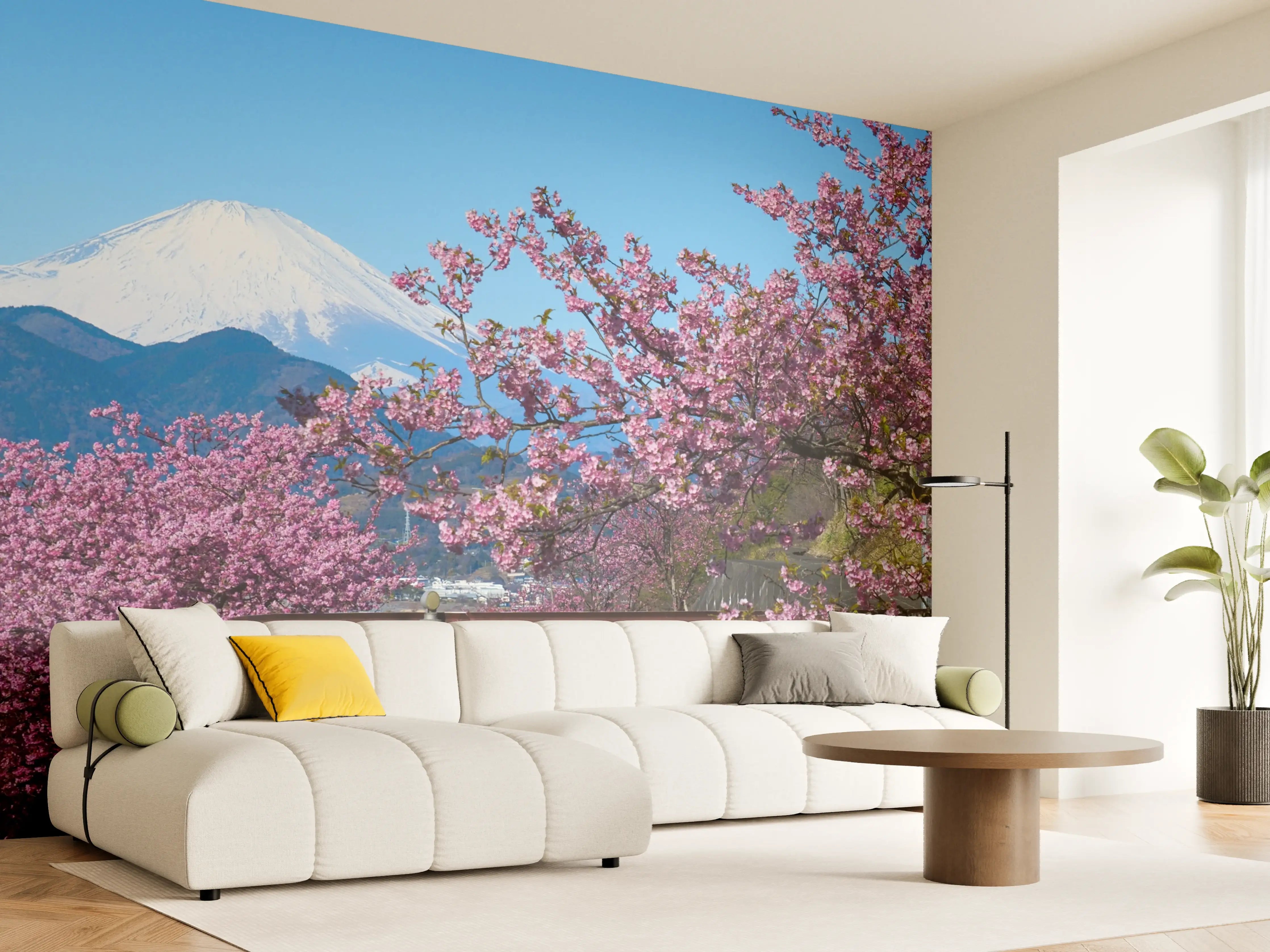 Wandverkleidung Wohnzimmer - Blühende Kirschbäume vor Mount Fuji