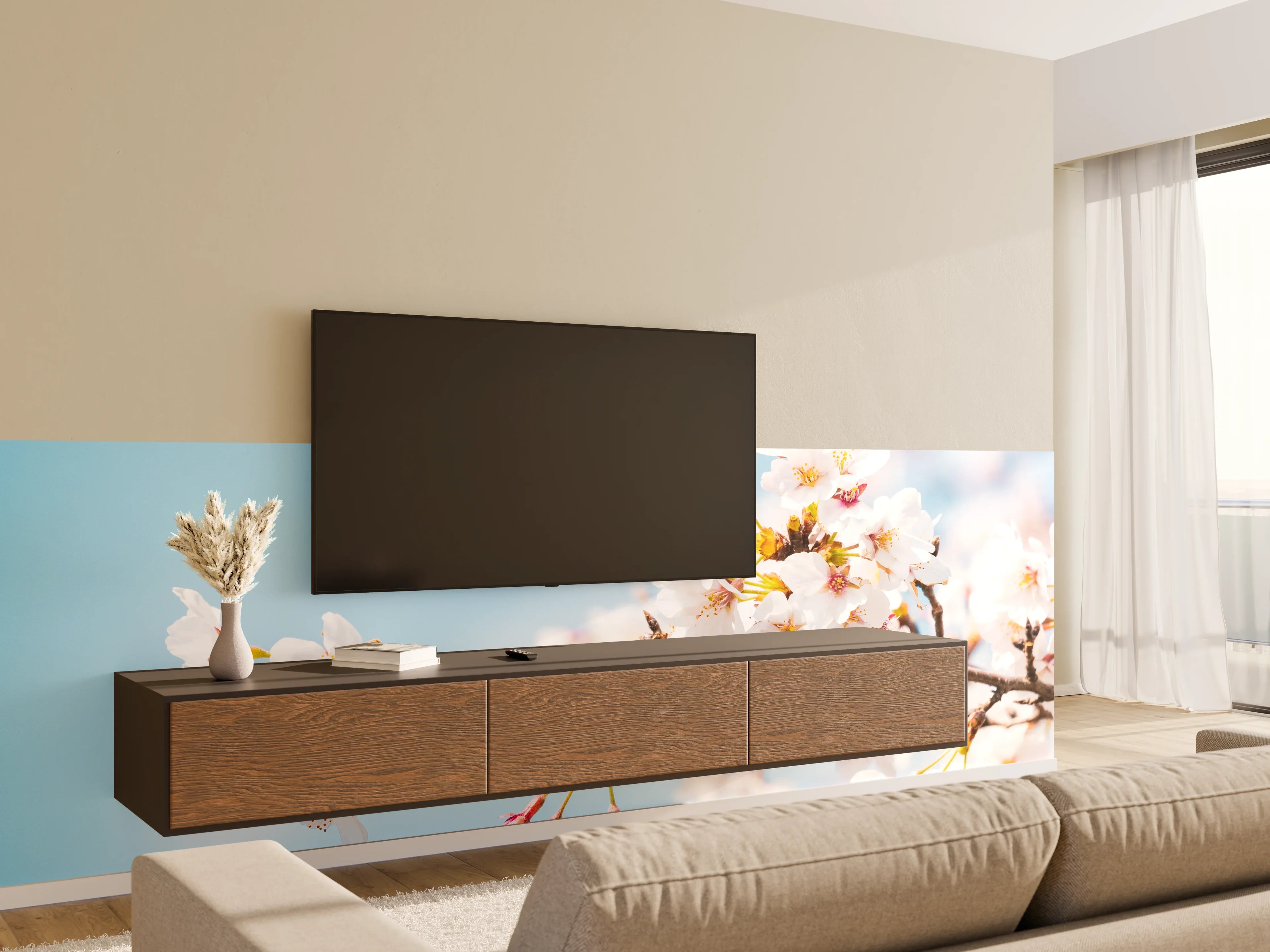 Wandverkleidung Wohnzimmer - Blühende Kirschblüten im Frühling