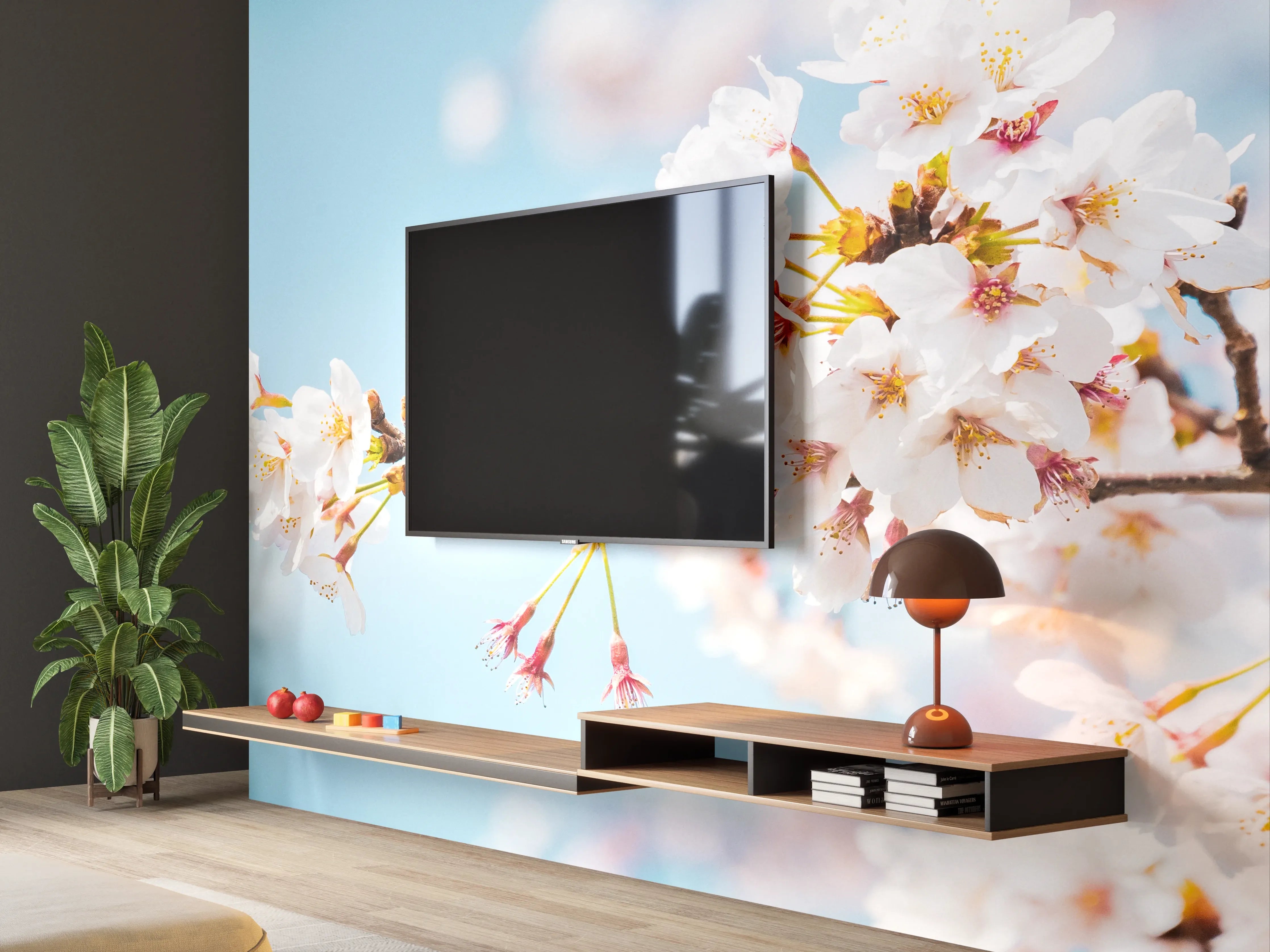 Wandverkleidung Wohnzimmer - Blühende Kirschblüten im Frühling