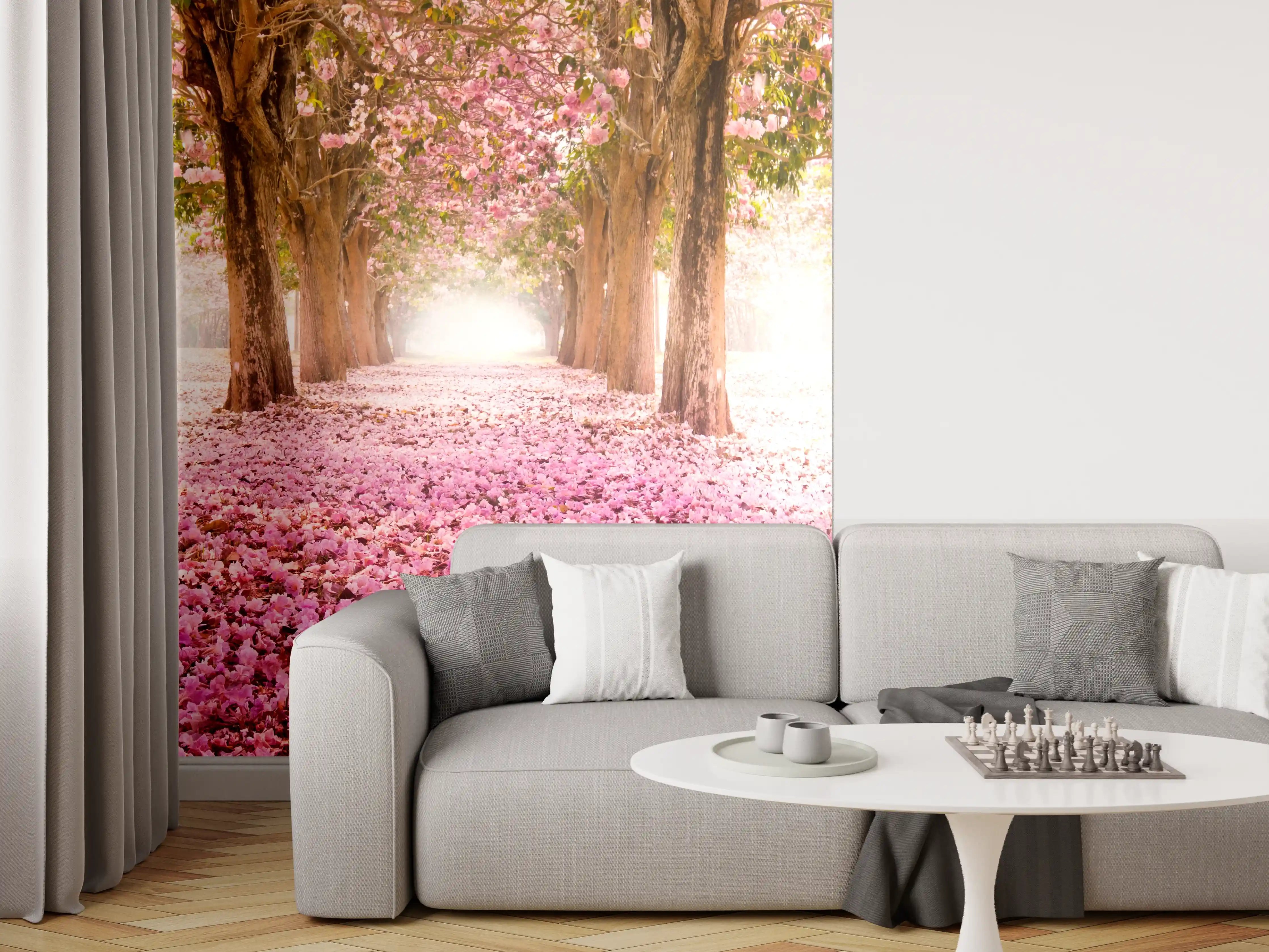 Wandverkleidung Wohnzimmer - Blühender Baumweg im Frühlingslicht