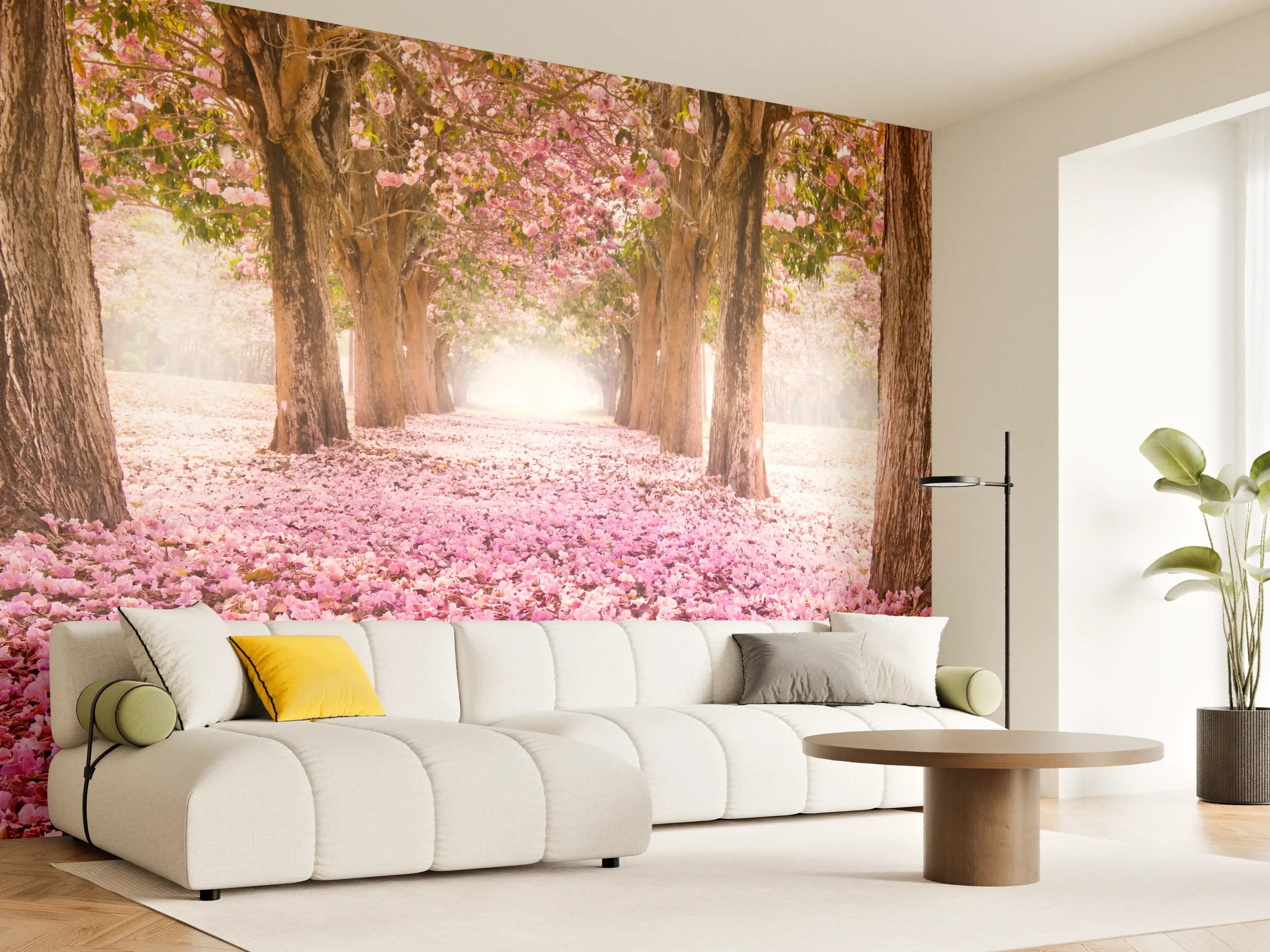 Wandverkleidung Wohnzimmer - Blühender Baumweg im Frühlingslicht