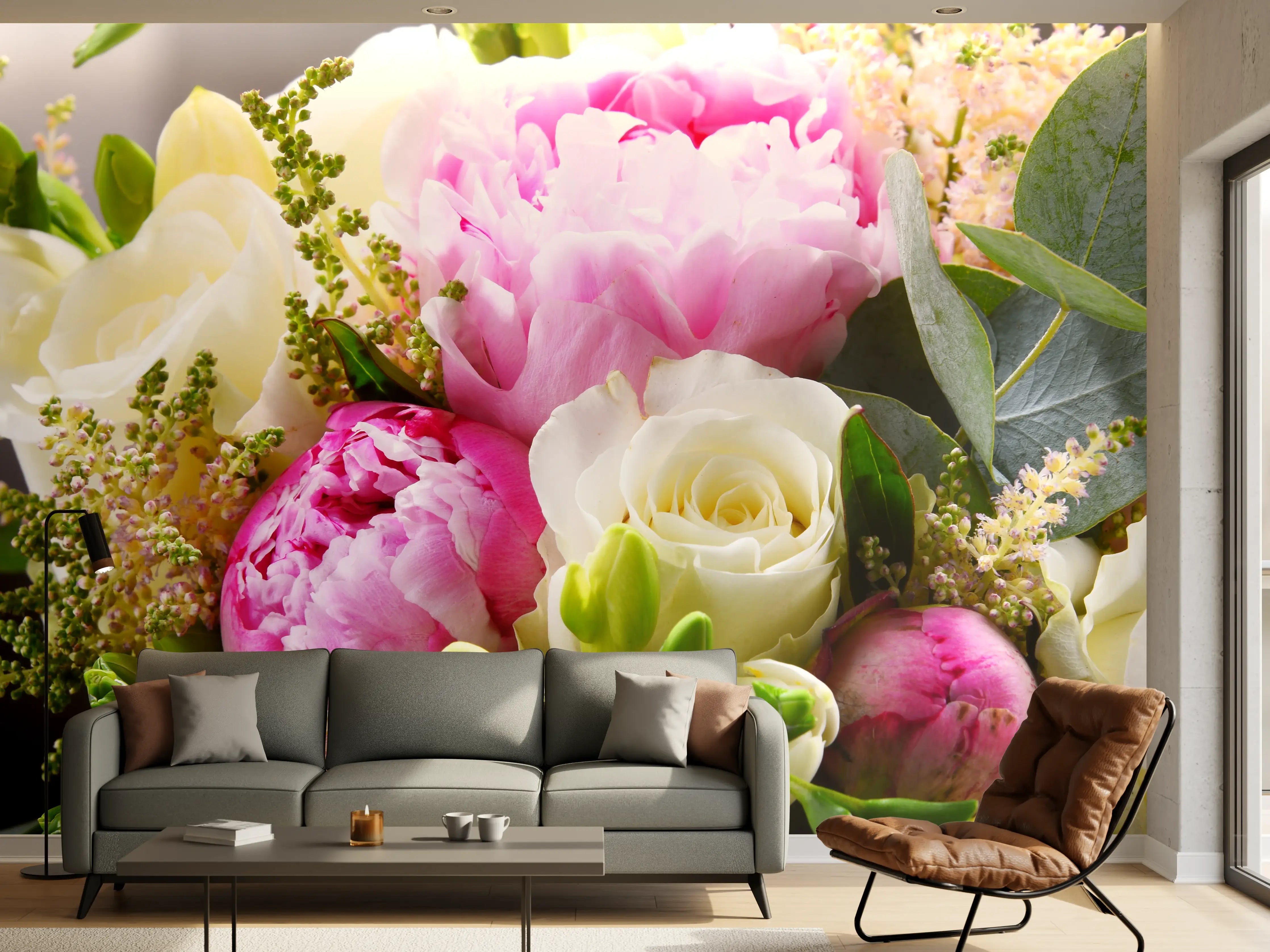 Wandverkleidung Wohnzimmer - Blühender Blumenstrauß in sanften Pastelltönen