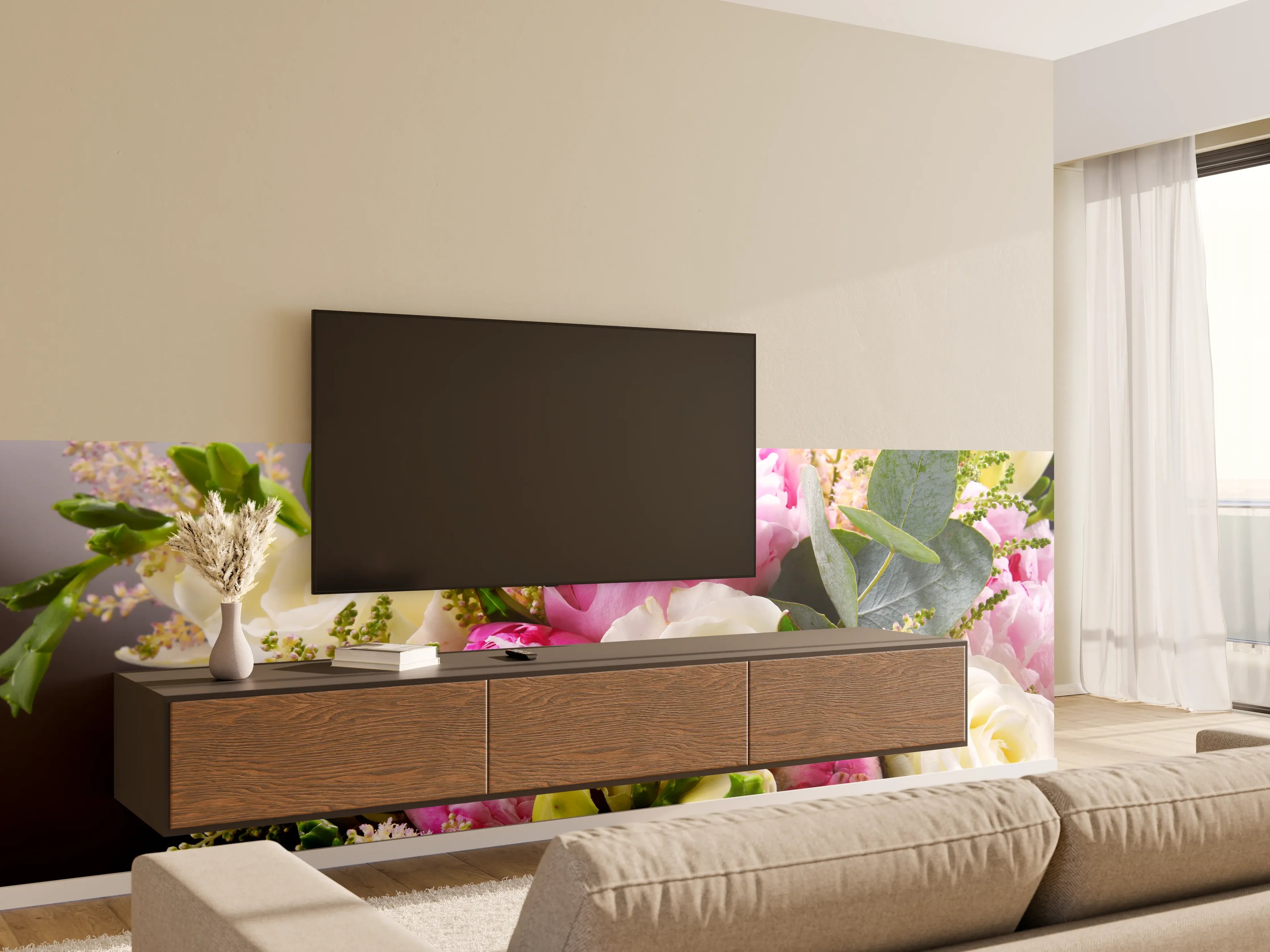 Wandverkleidung Wohnzimmer - Blühender Blumenstrauß in sanften Pastelltönen