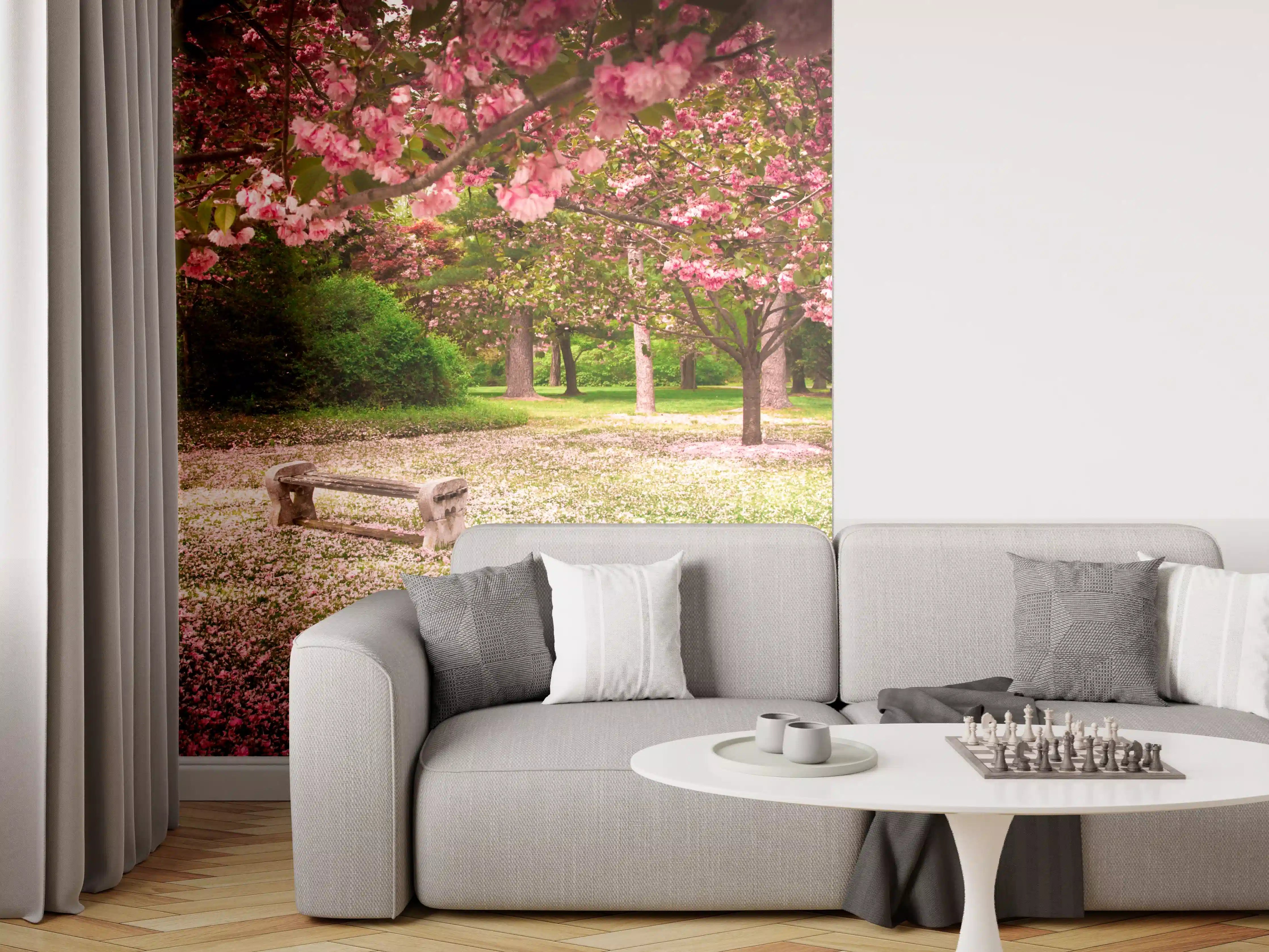 Wandverkleidung Wohnzimmer - Blühender Park im Frühling