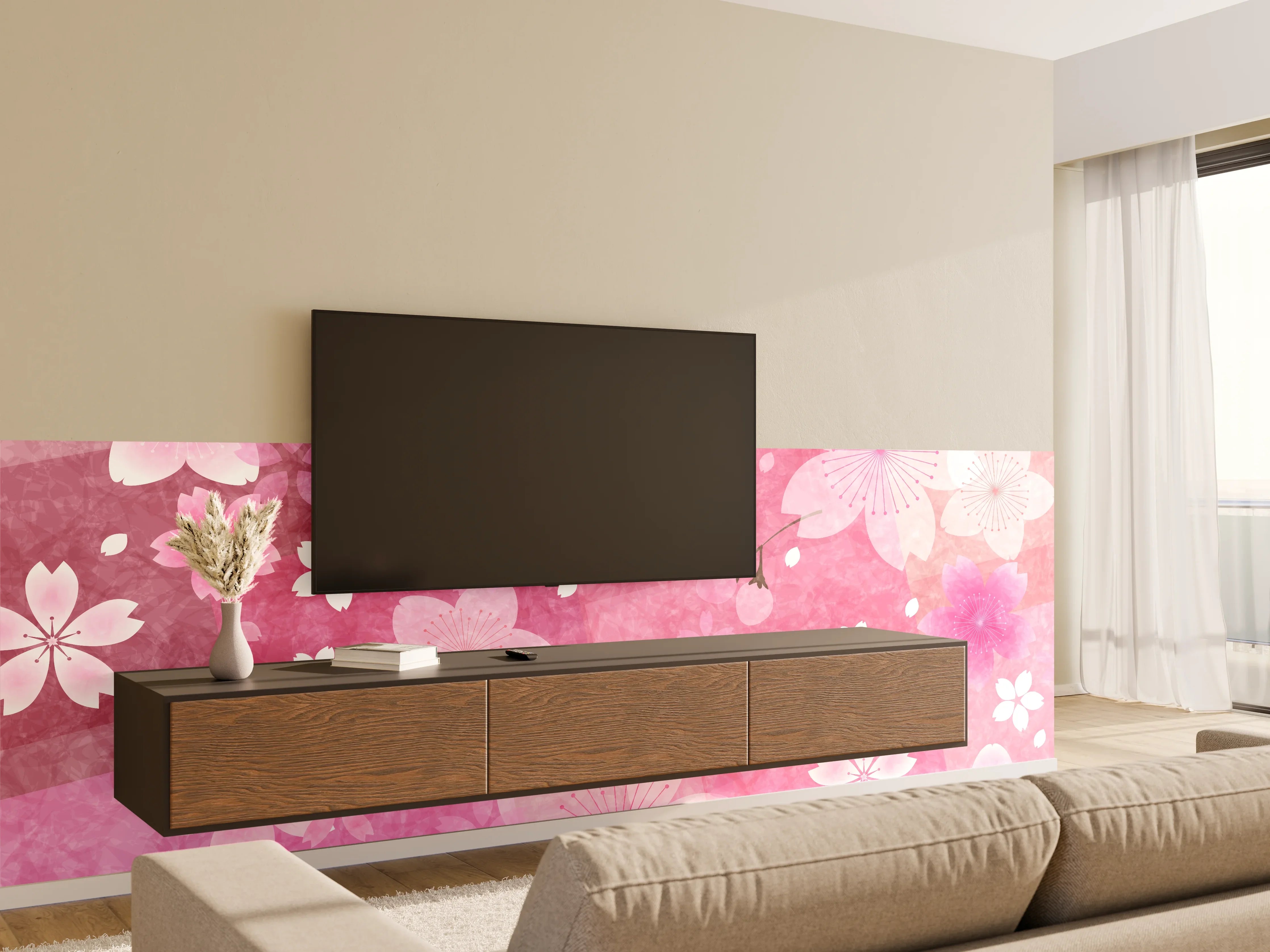 Wandverkleidung Wohnzimmer - Blühendes Sakura-Muster Rosa