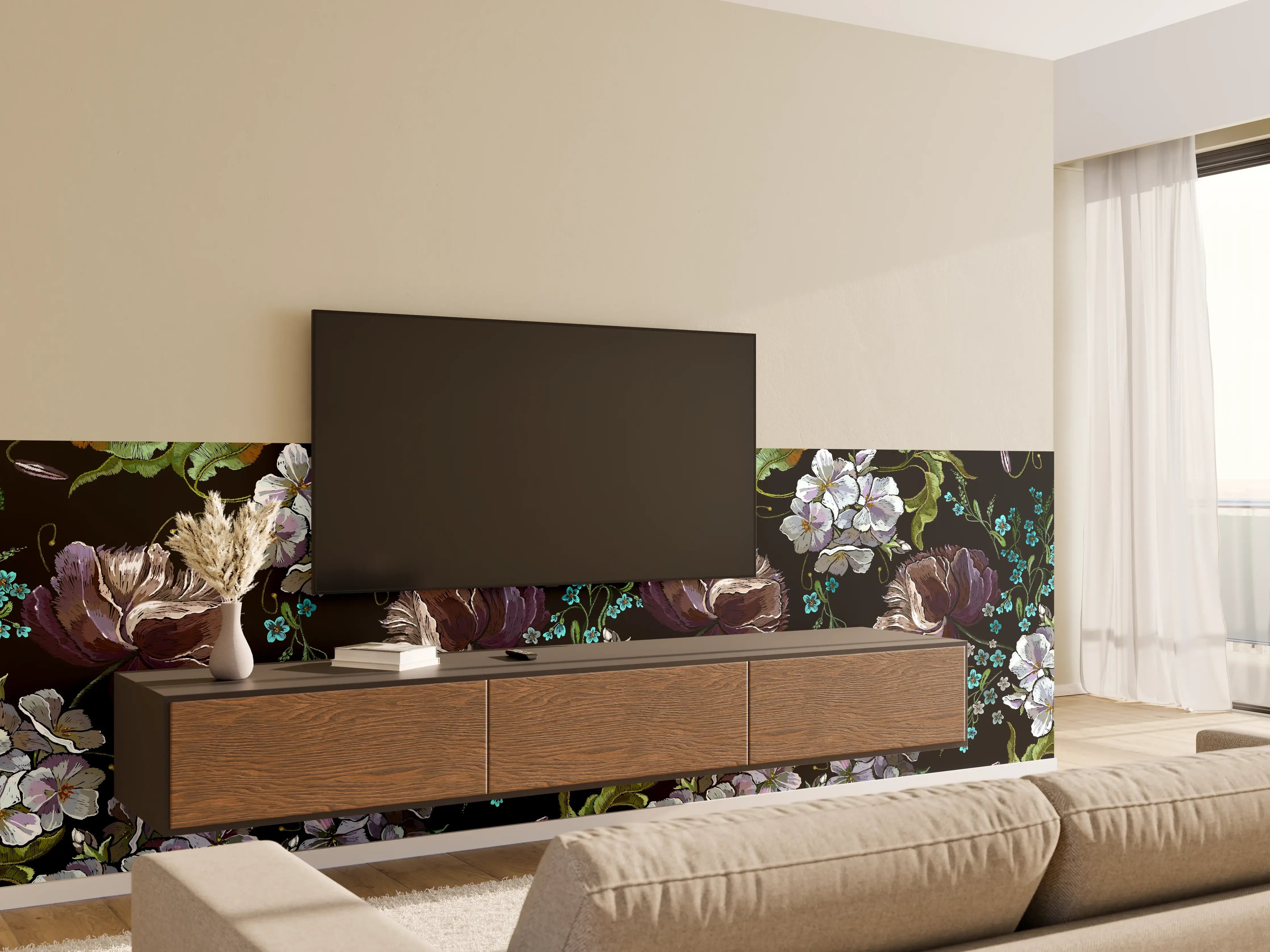 Wandverkleidung Wohnzimmer - Blüten in der Nacht