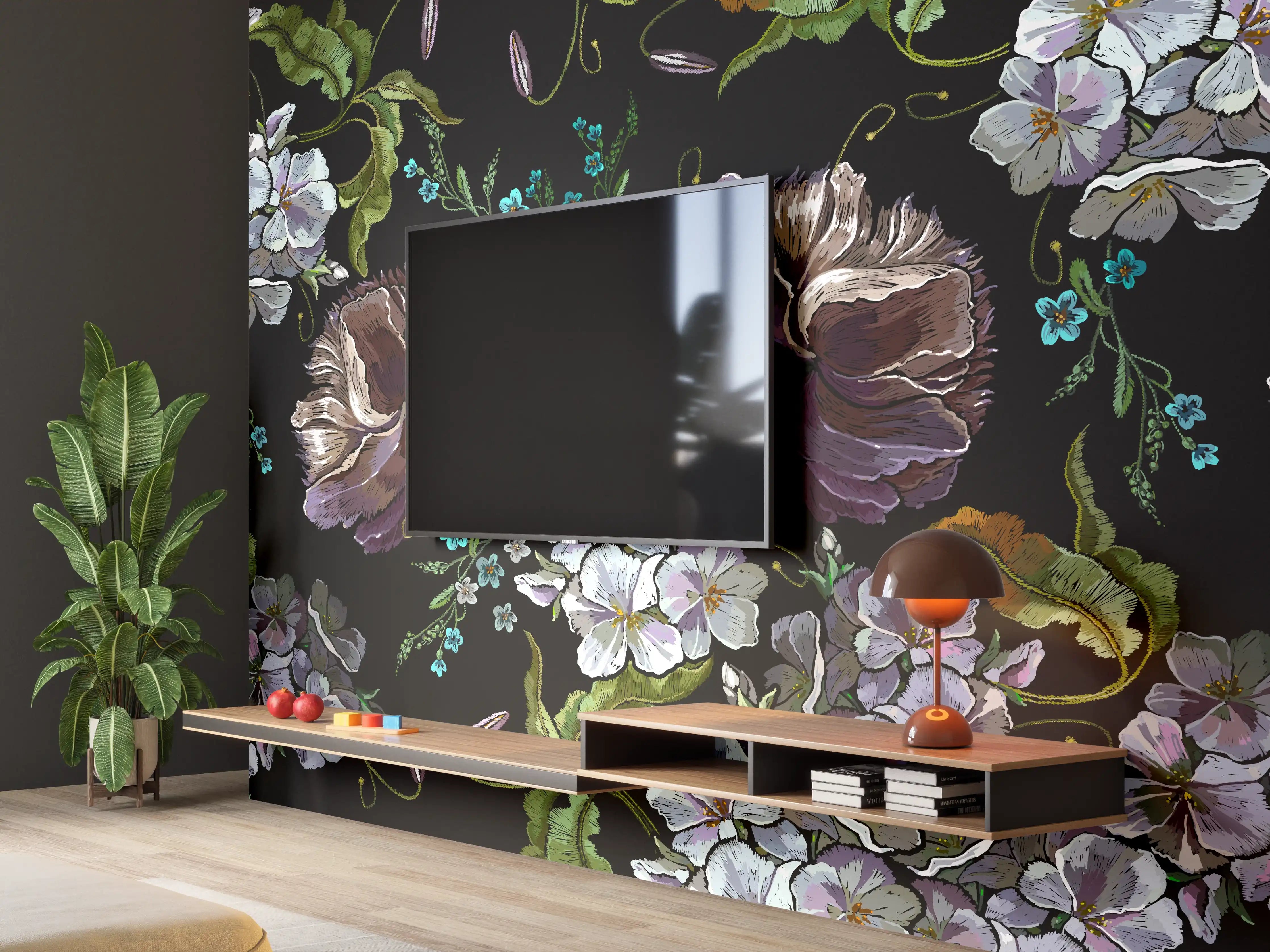 Wandverkleidung Wohnzimmer - Blüten in der Nacht