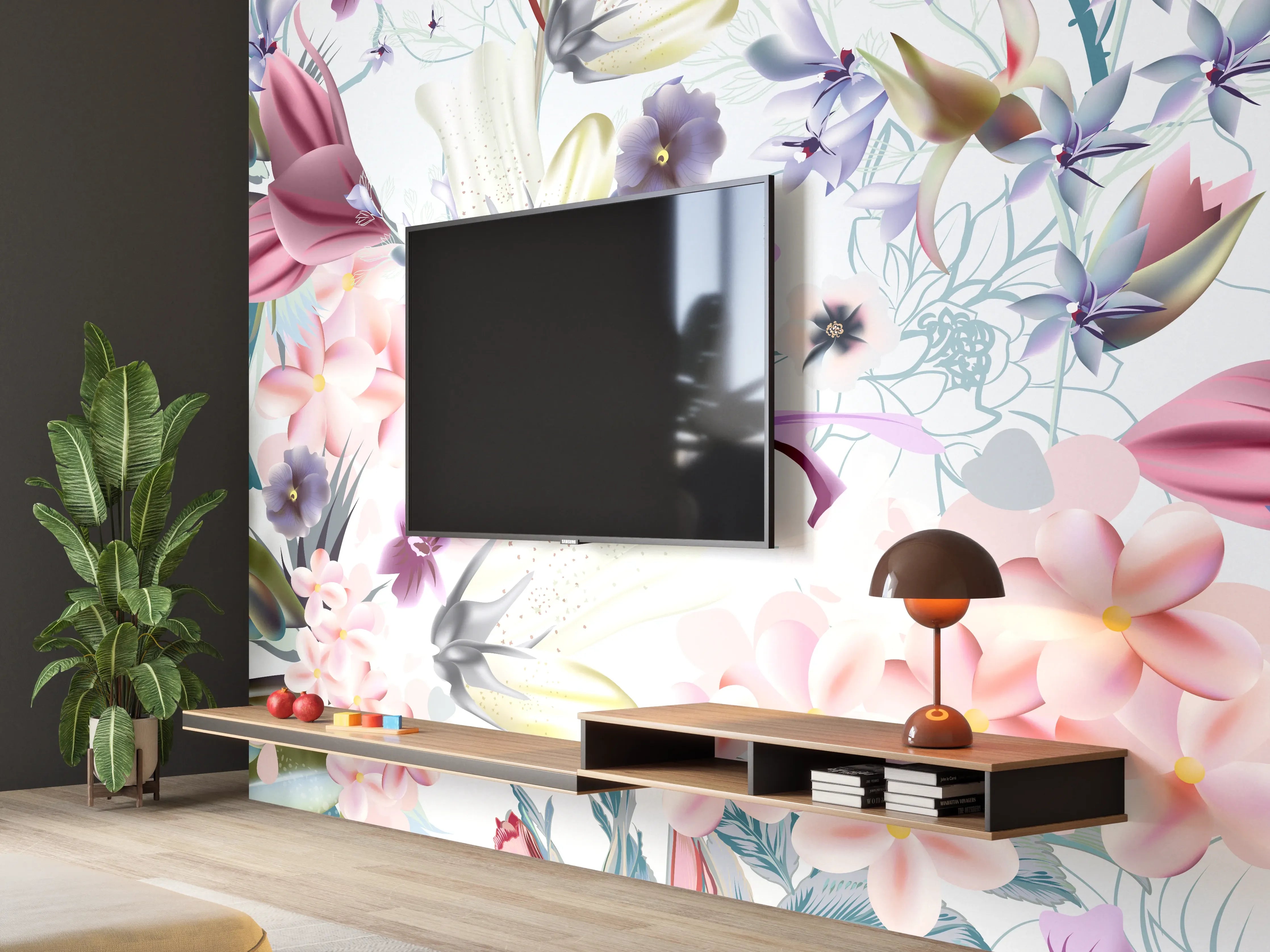 Wandverkleidung Wohnzimmer - Blütenexplosion - Aquarell