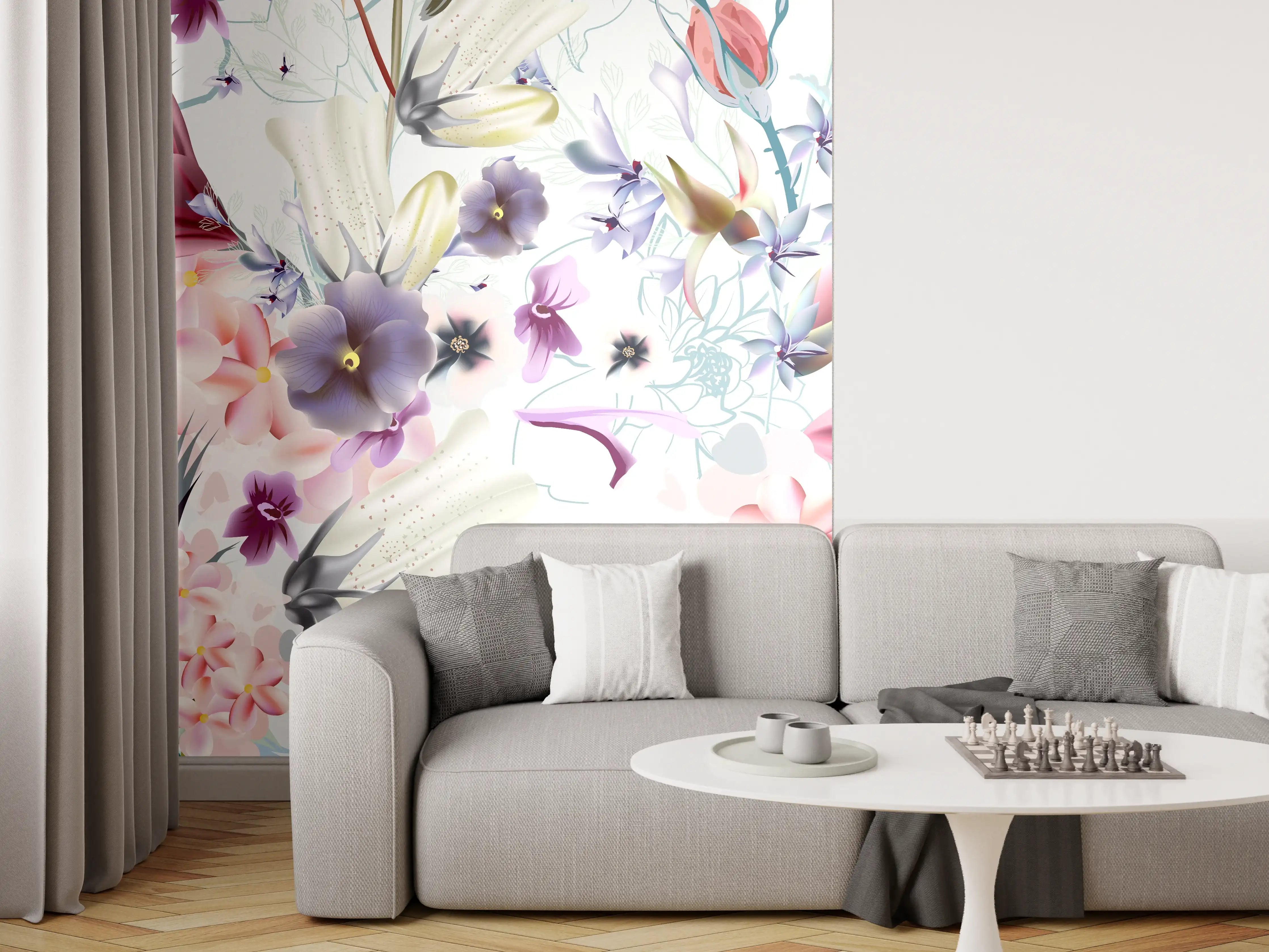 Wandverkleidung Wohnzimmer - Blütenexplosion - Aquarell