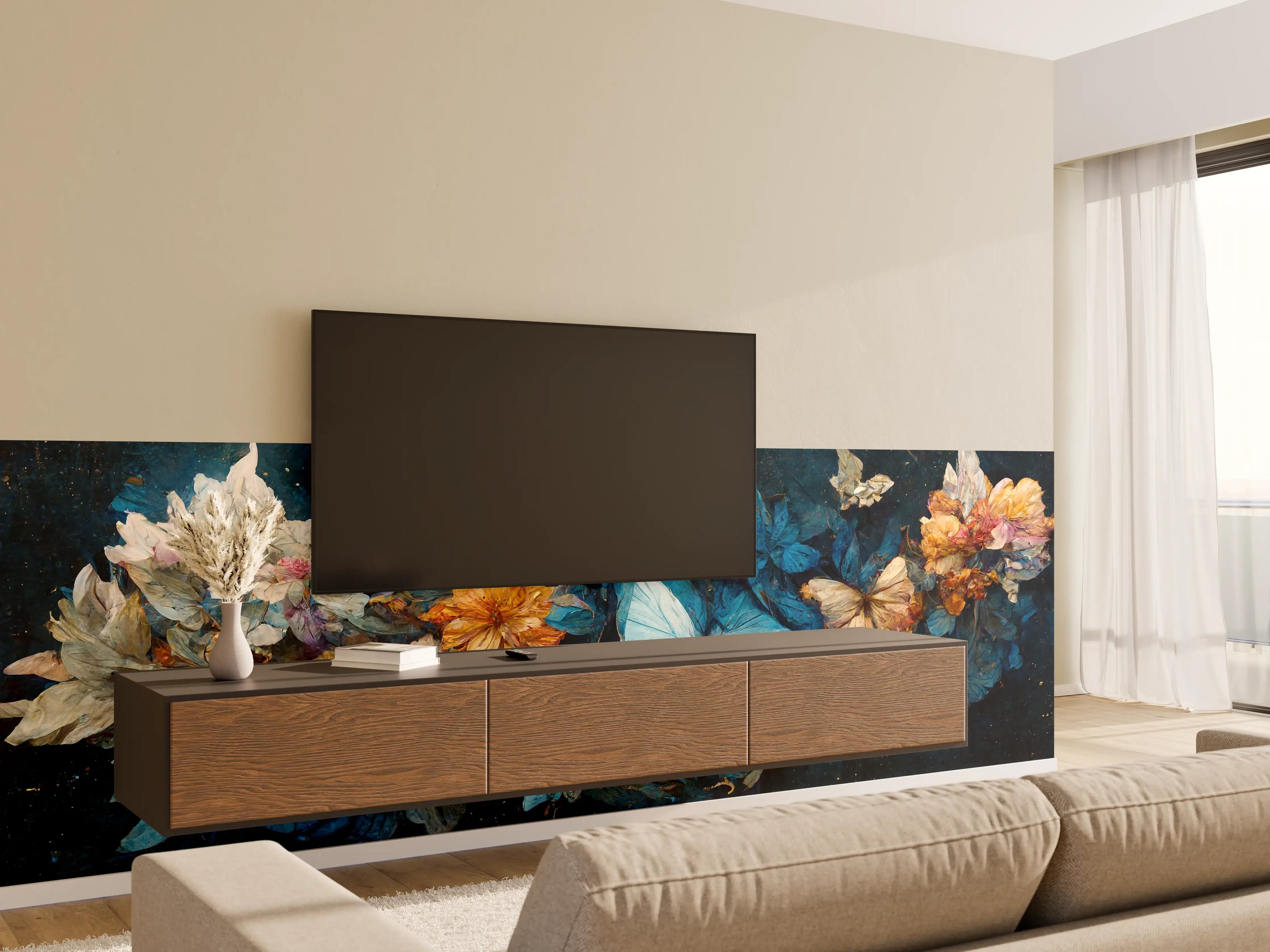 Wandverkleidung Wohnzimmer - Blumen- und Schmetterlingskunst im Dunkel
