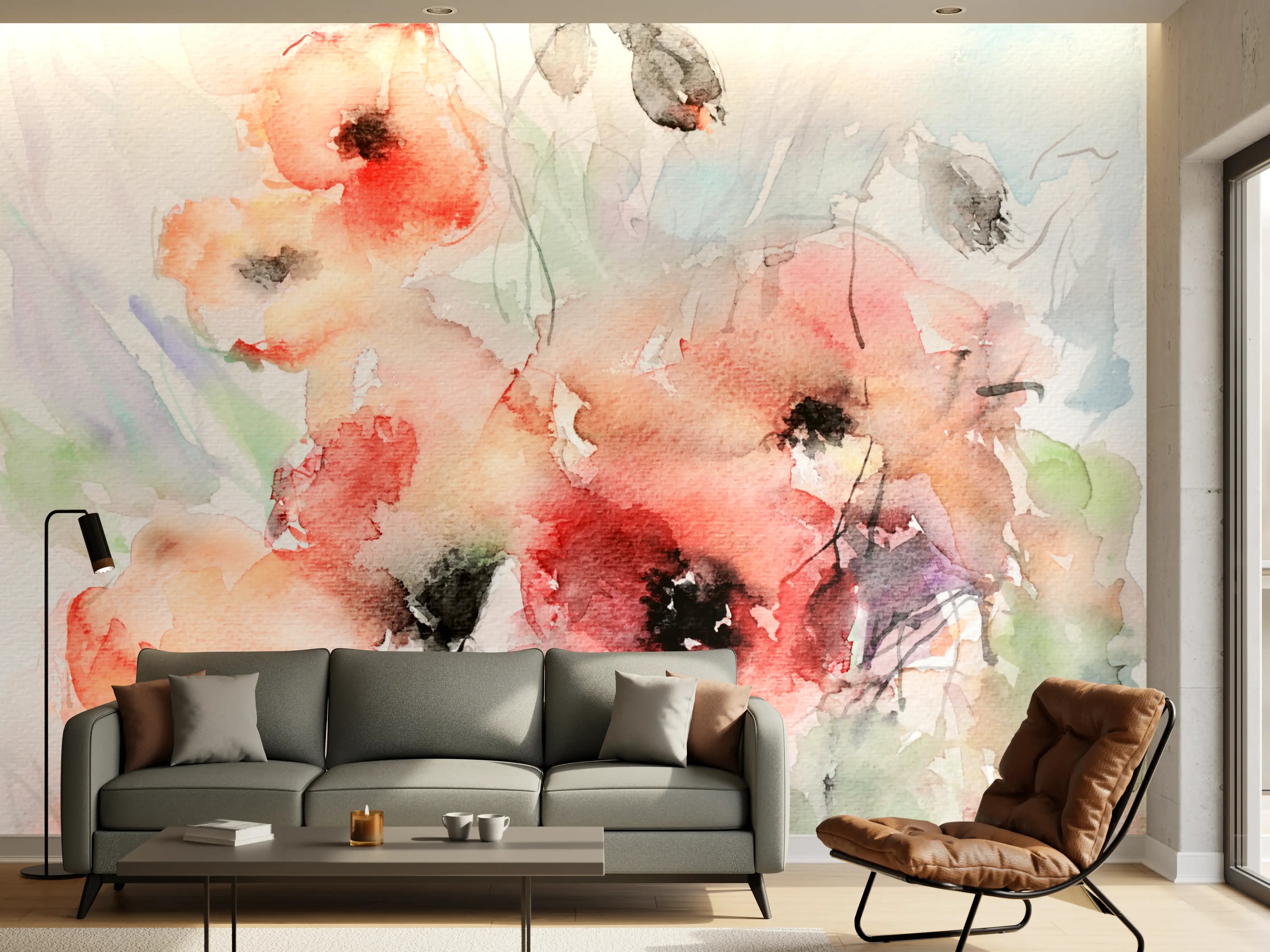 Wandverkleidung Wohnzimmer - Blumen Aquarell Wasserfarben