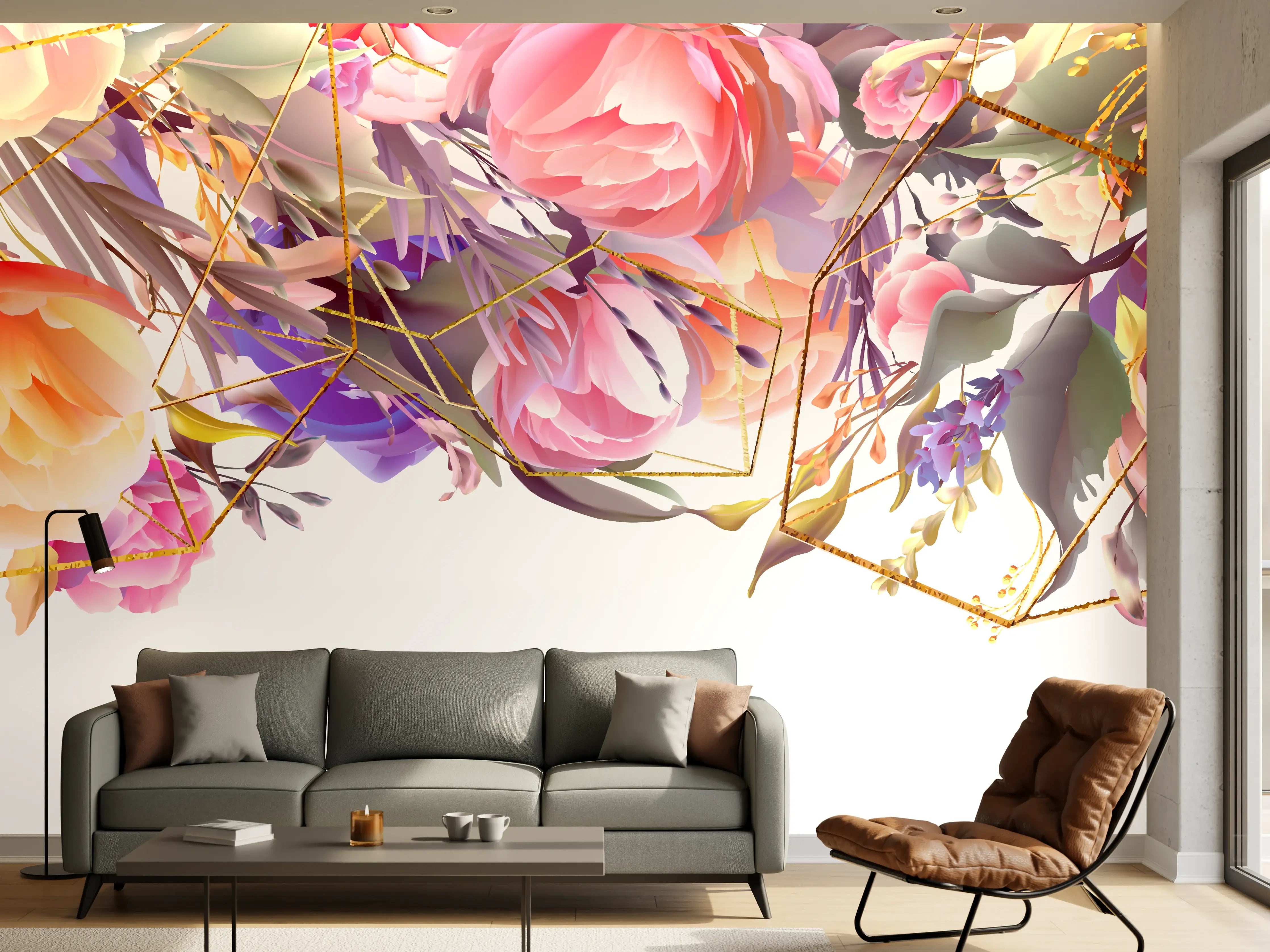 Wandverkleidung Wohnzimmer - Blumen-Muster Abstrakt Gold