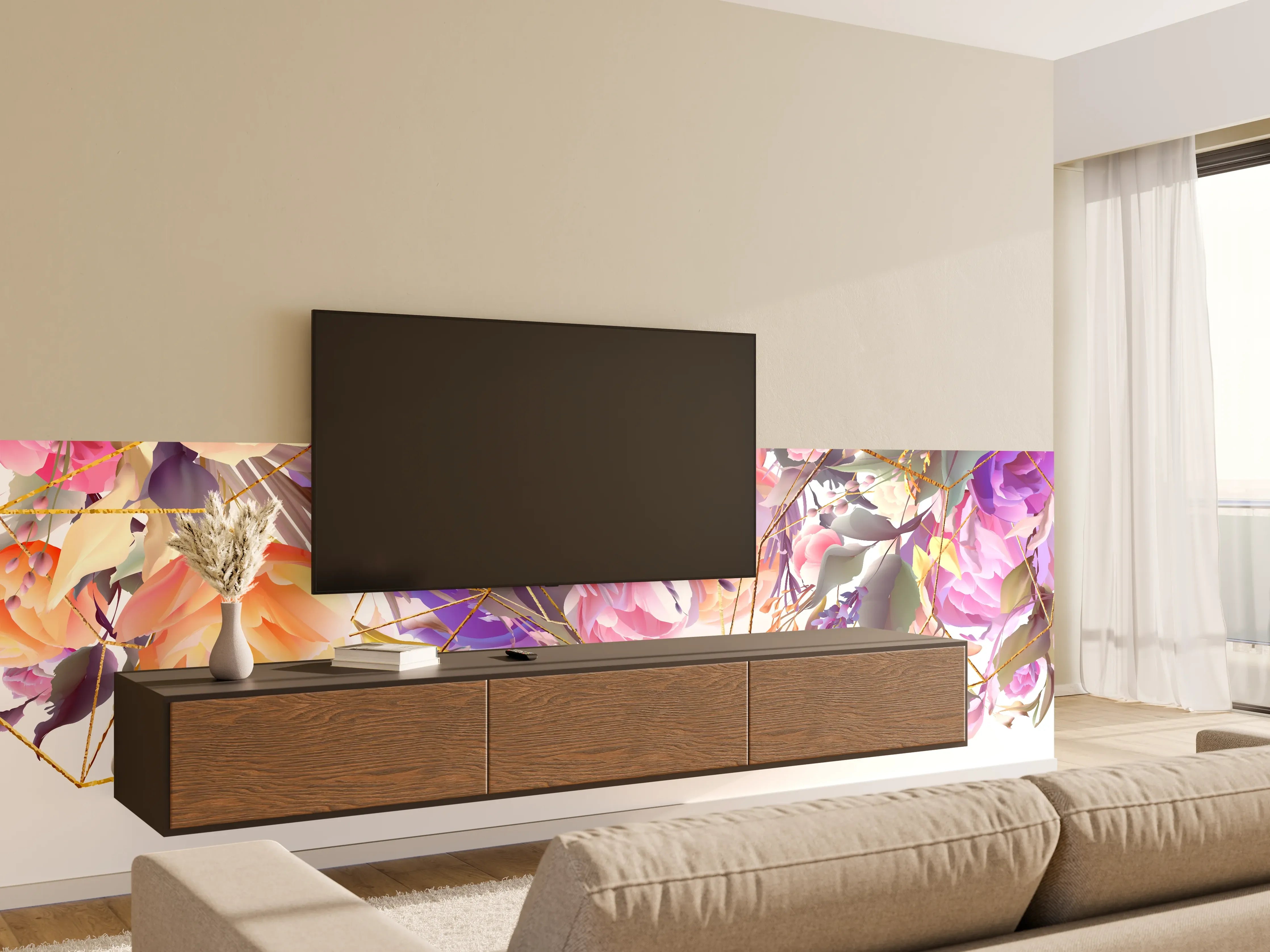 Wandverkleidung Wohnzimmer - Blumen-Muster Abstrakt Gold