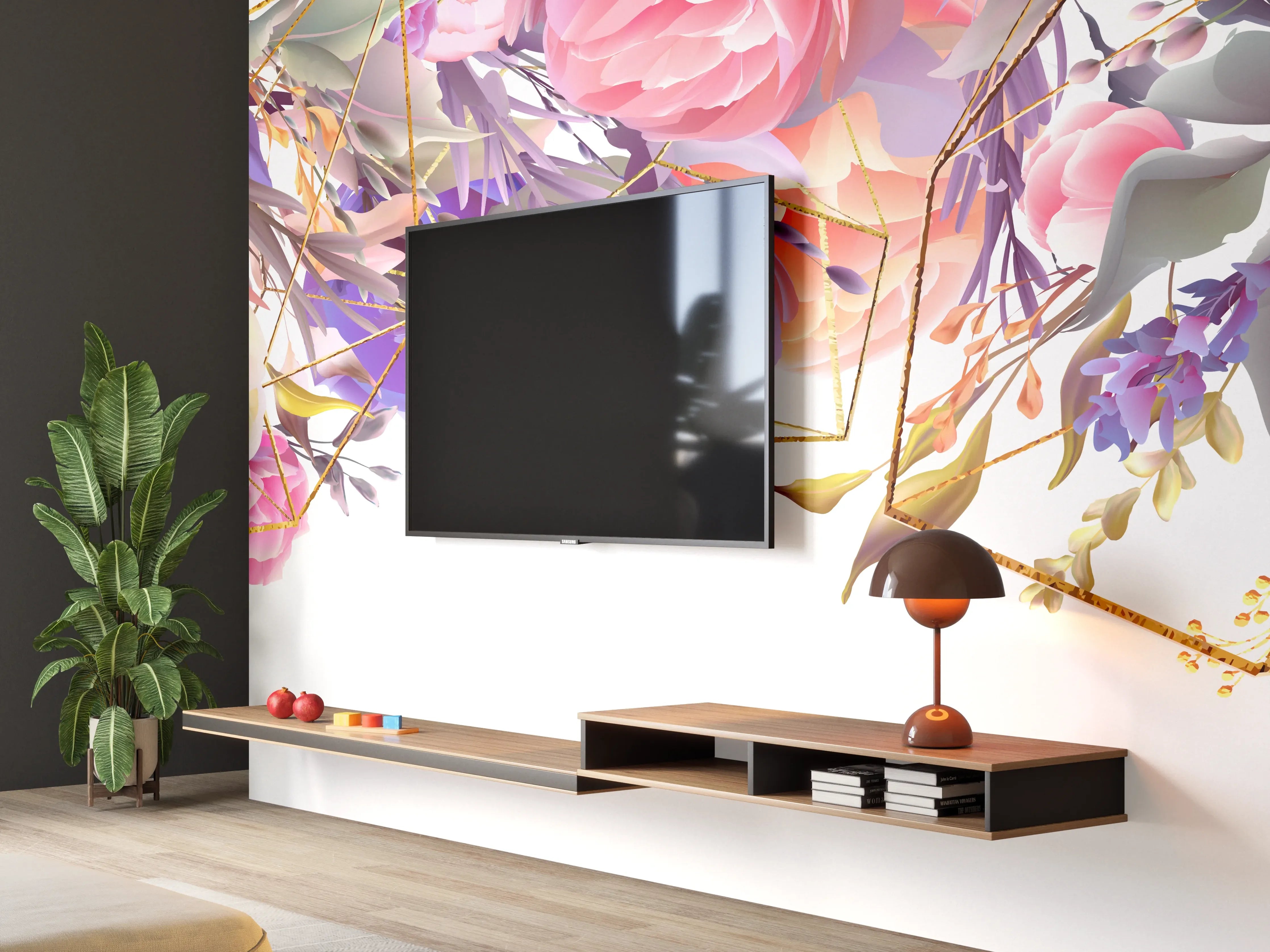 Wandverkleidung Wohnzimmer - Blumen-Muster Abstrakt Gold