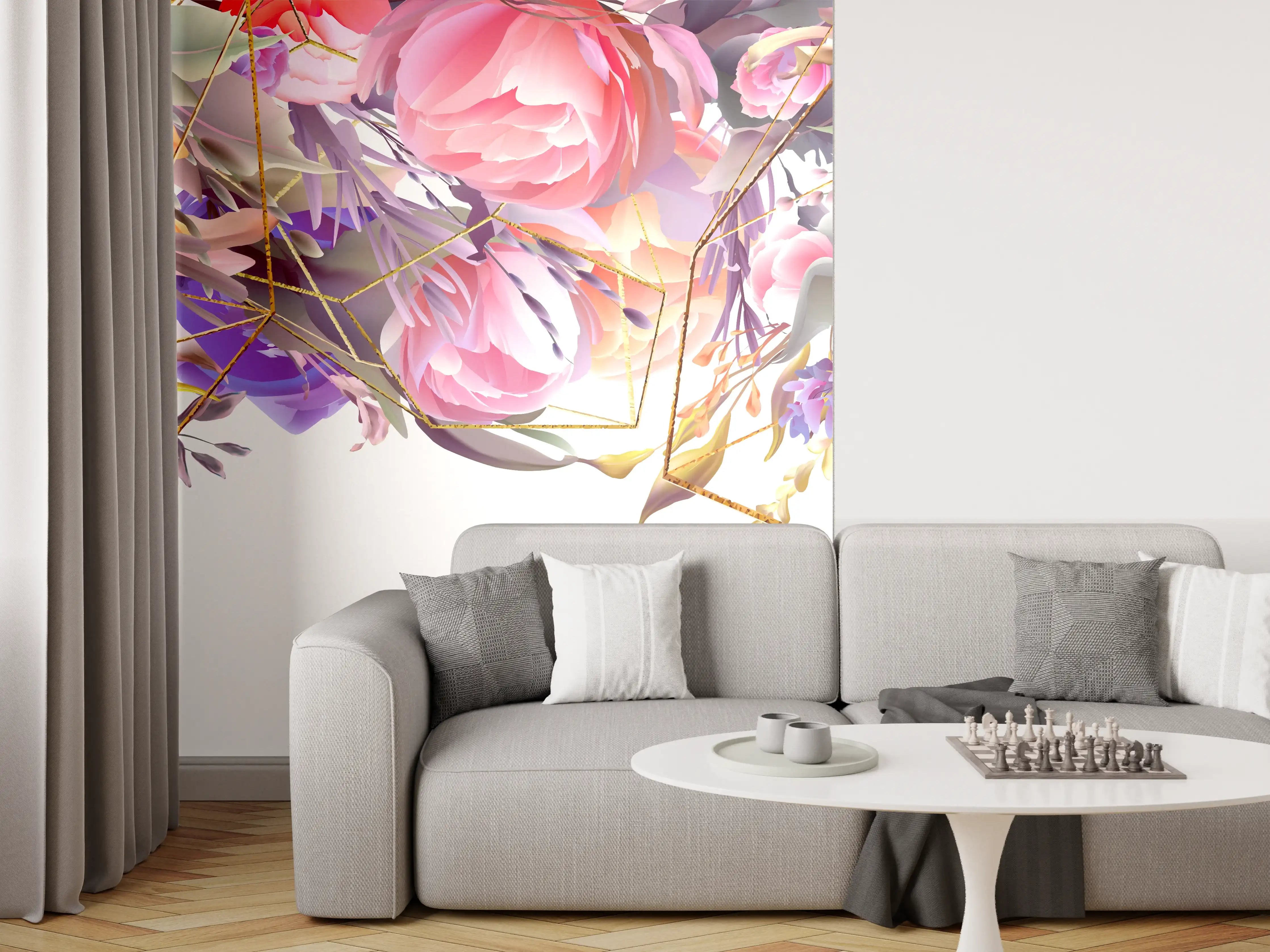 Wandverkleidung Wohnzimmer - Blumen-Muster Abstrakt Gold