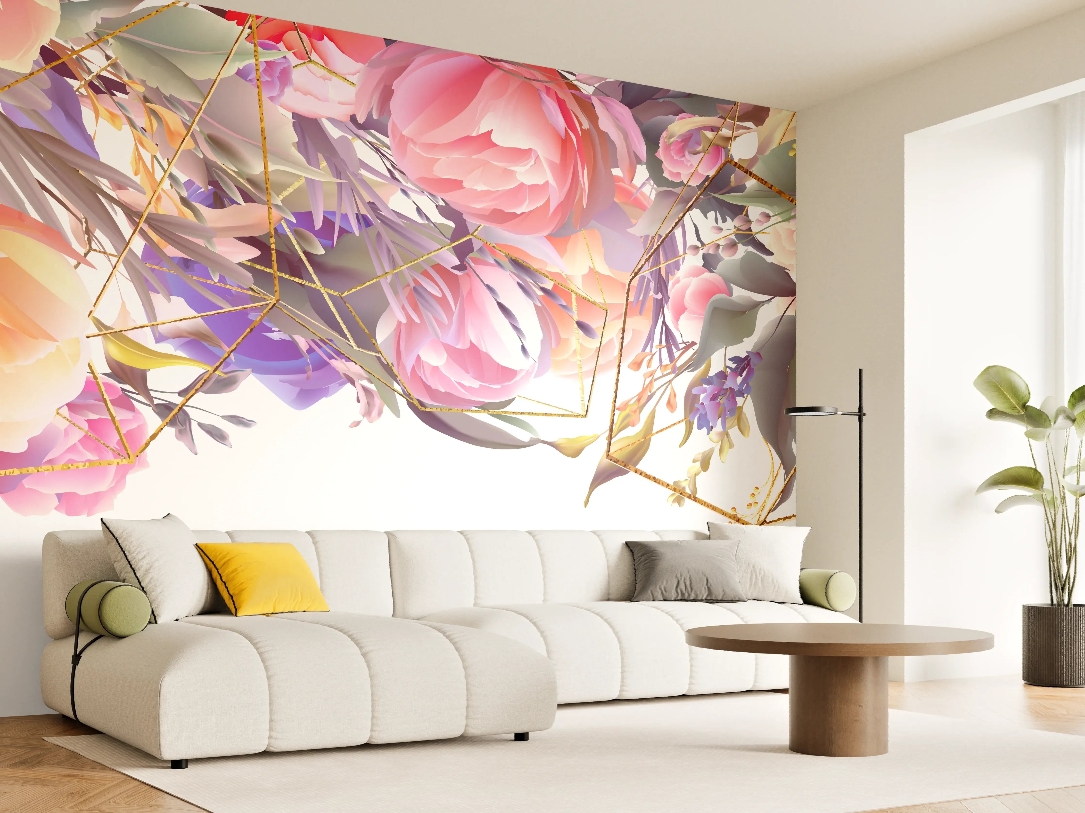 Wandverkleidung Wohnzimmer - Blumen-Muster Abstrakt Gold