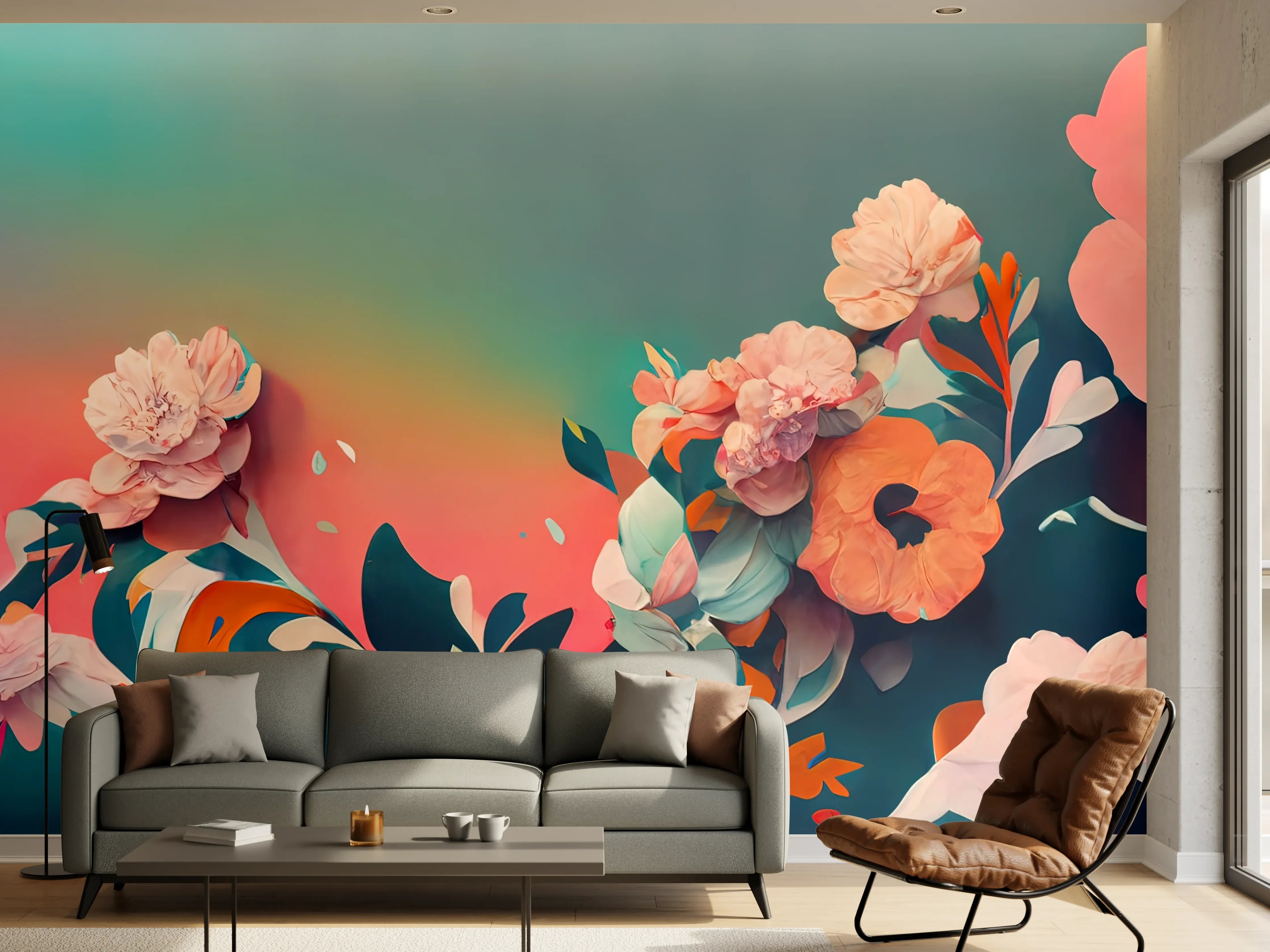 Wandverkleidung Wohnzimmer - Blumen im bunten Aquarell-Stil